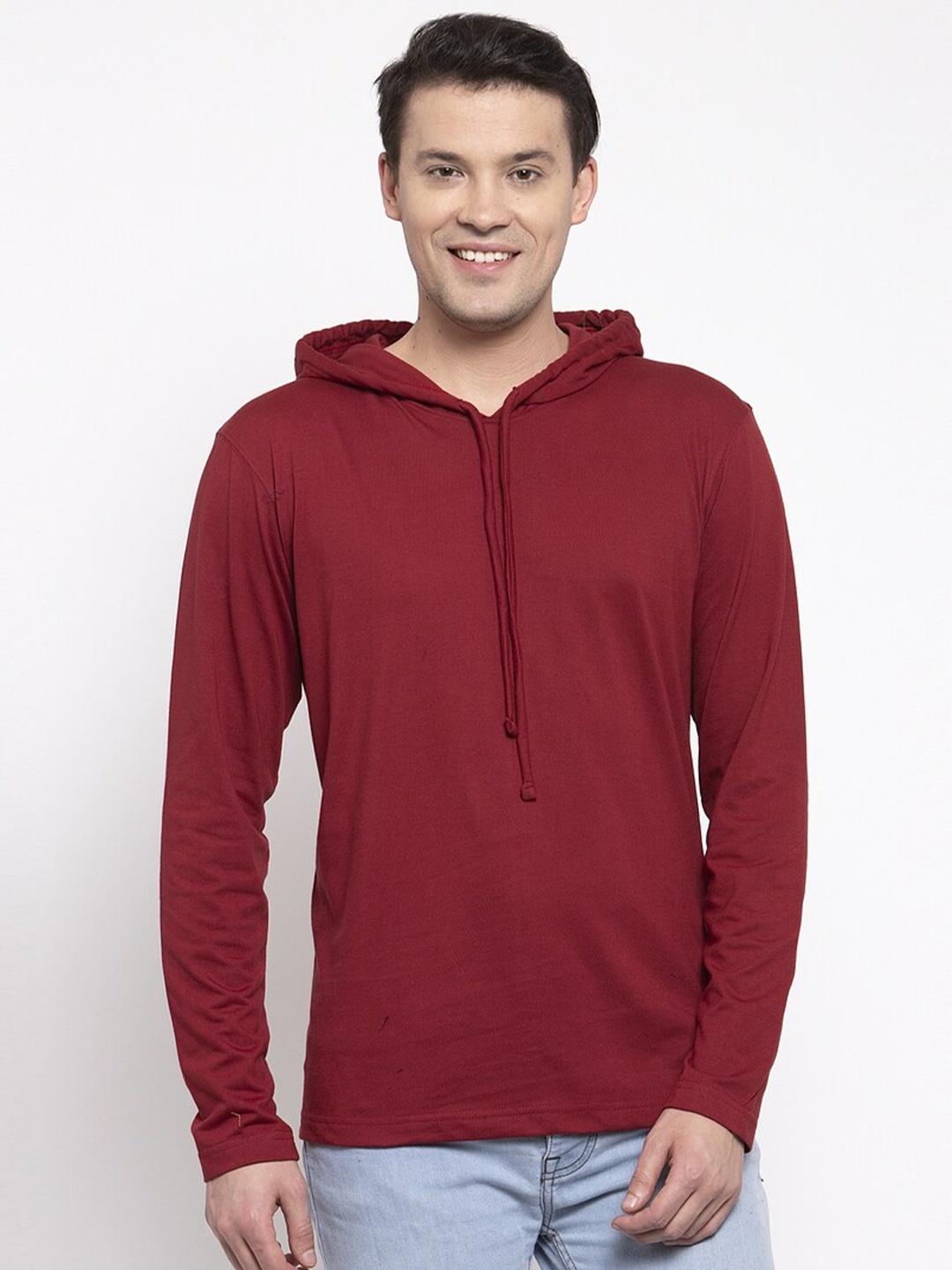 

Friskers Men Maroon Solid Cotton Long Sleeves Hooded T-shirt