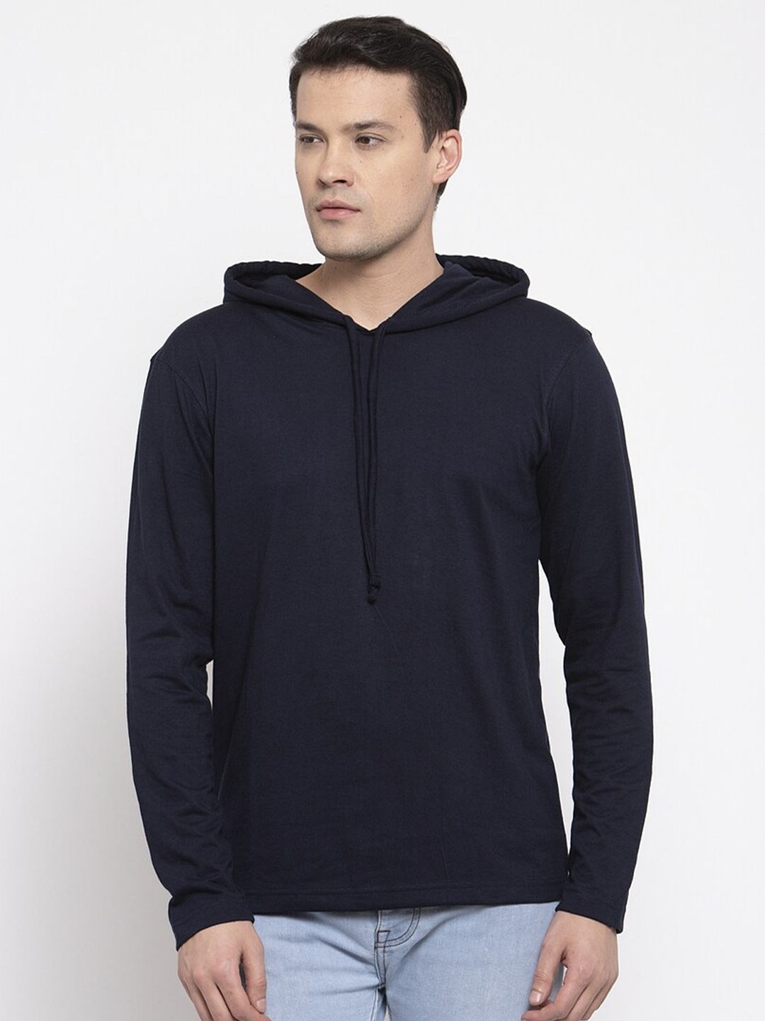 

Friskers Men Navy Blue Solid Cotton Long Sleeves Hooded T-shirt