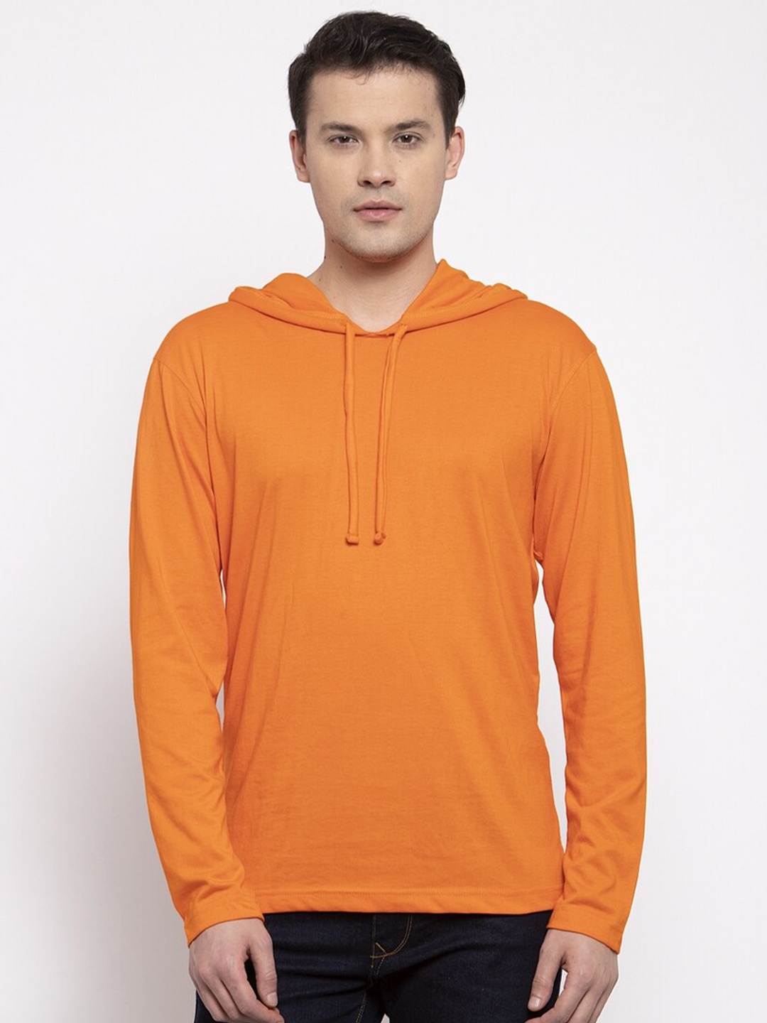 

Friskers Men Orange Solid Cotton Long Sleeves Hooded T-shirt