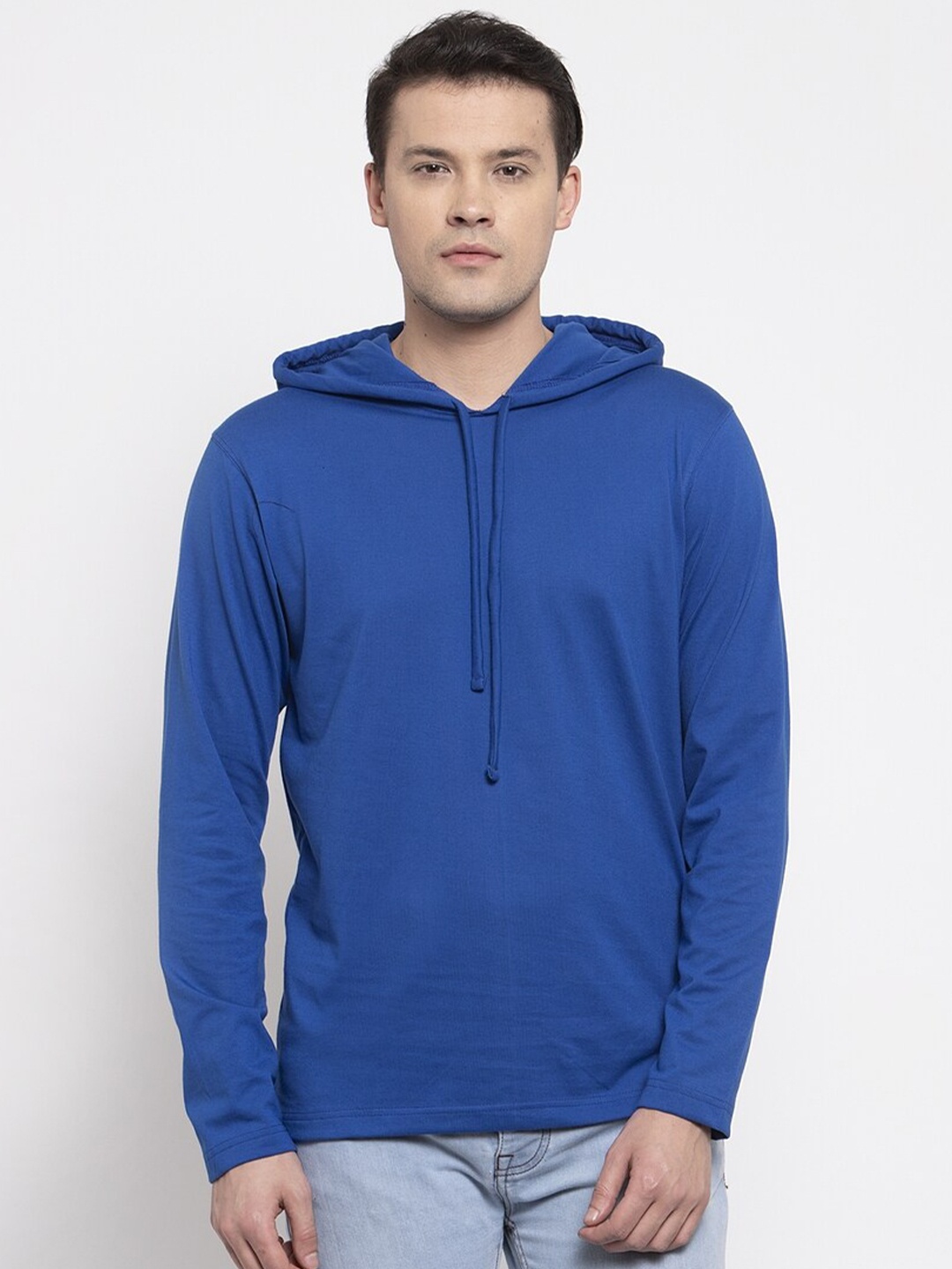 

Friskers Men Blue Solid Cotton Long Sleeves Hooded T-shirt