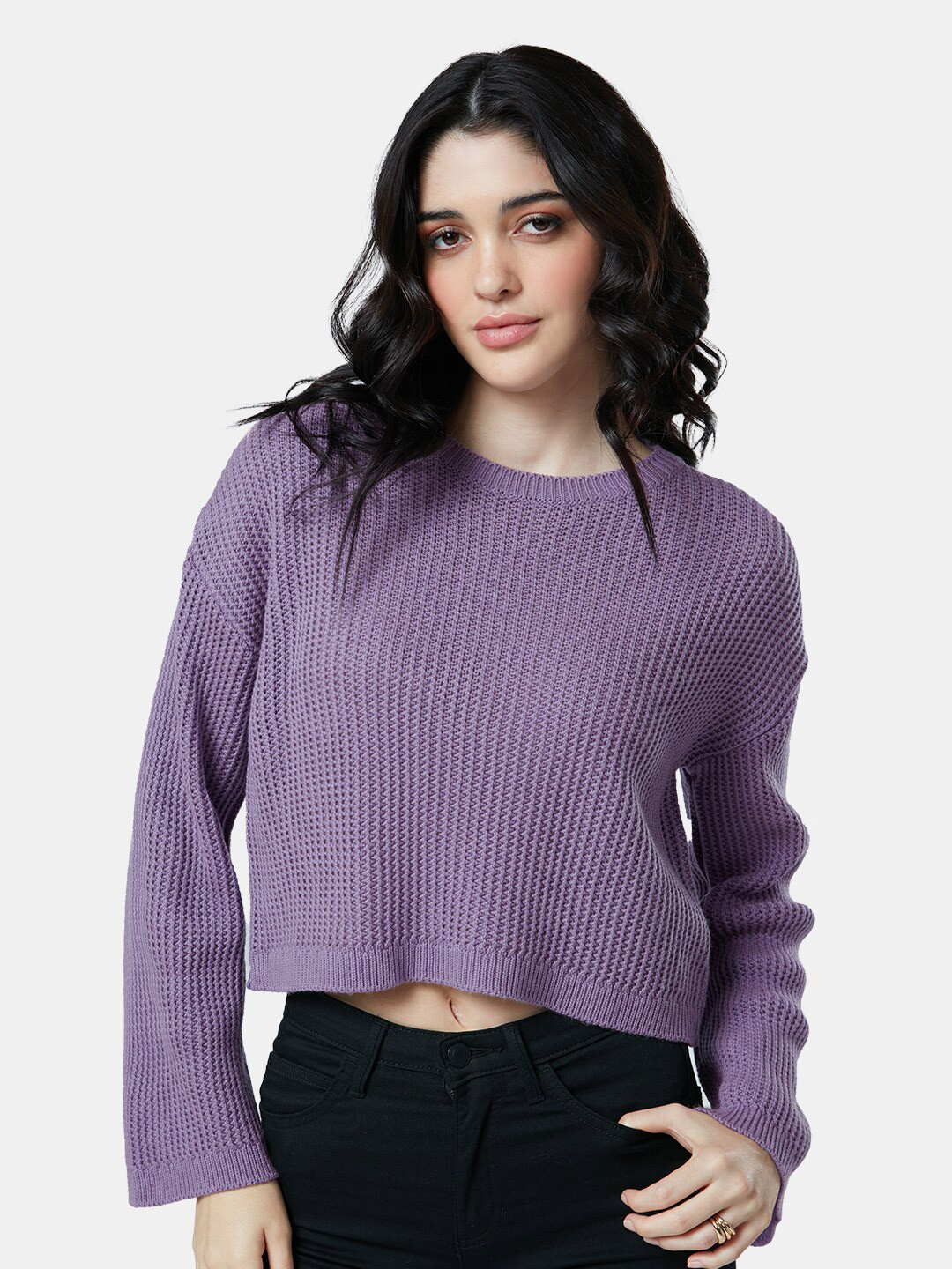 

The Souled Store Women Purple Ribbed Acrylic Crop Sweater