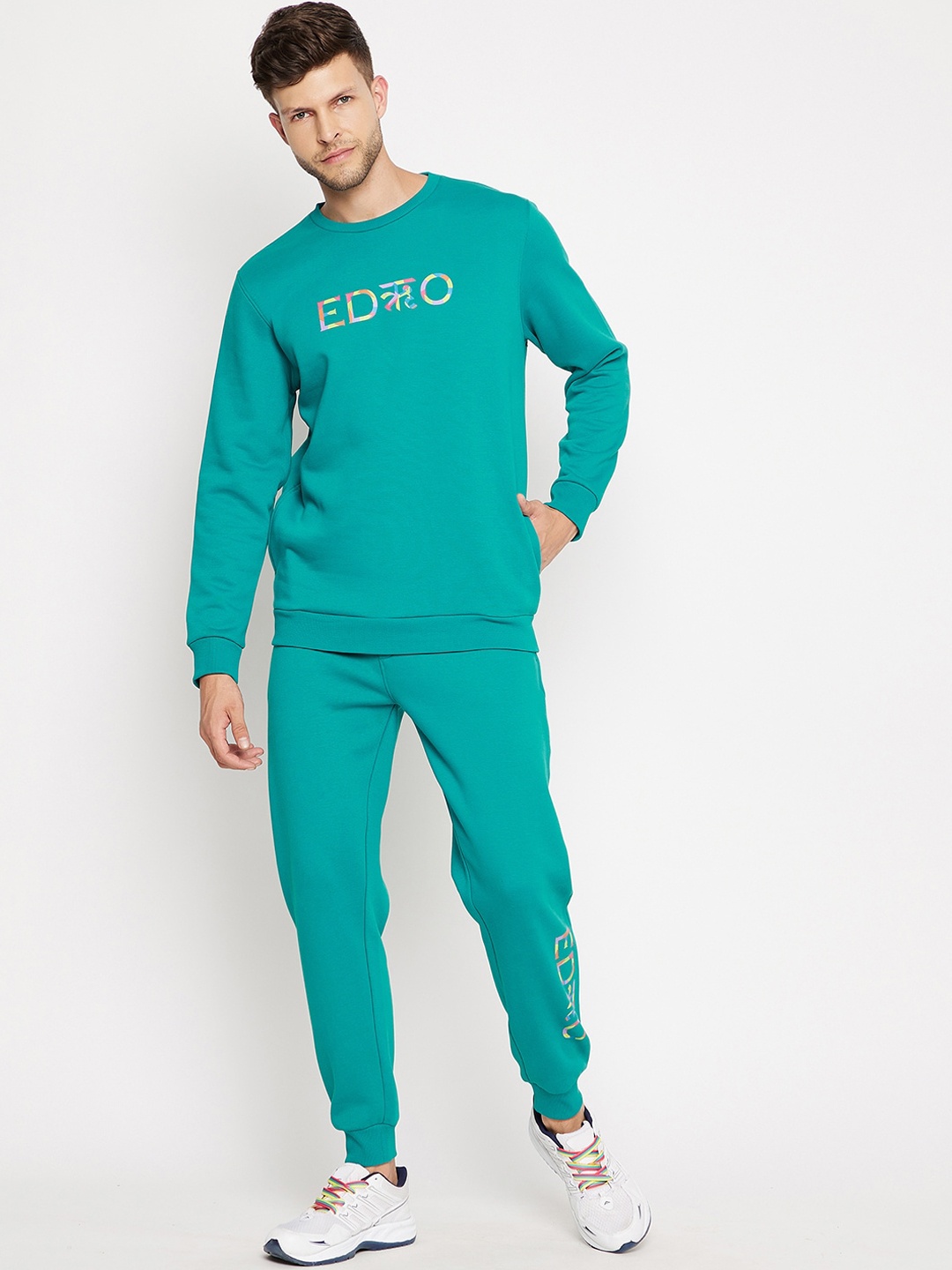 

EDRIO Men Sea Green Printed Fleece Tracksuits