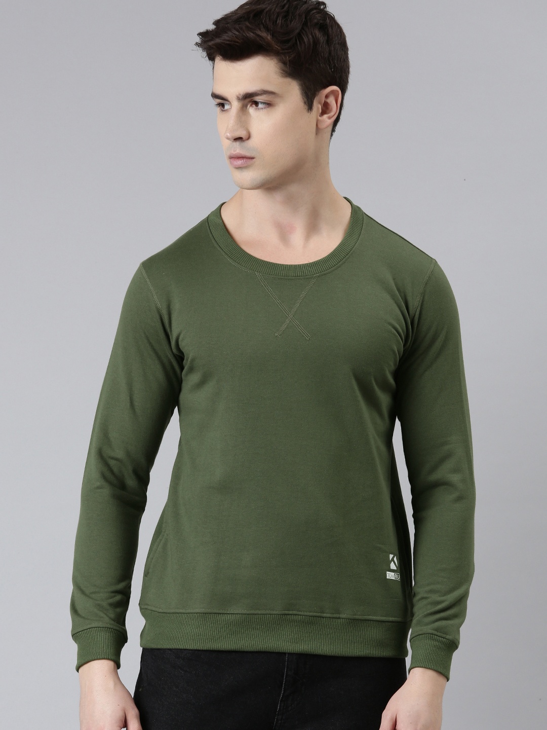 

TOM BURG Men Olive Green Solid Fleece Sweatshirt