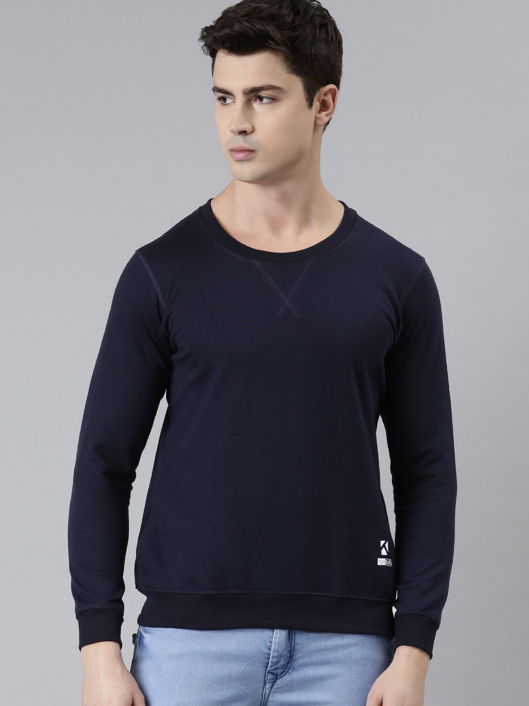 

TOM BURG Men Navy Blue Solid Fleece Sweatshirt