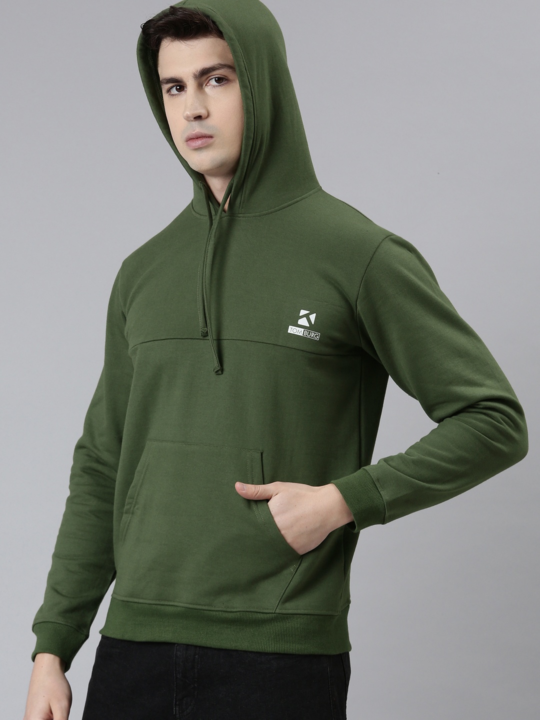 

TOM BURG Men Olive Green Hooded Fleece Sweatshirt