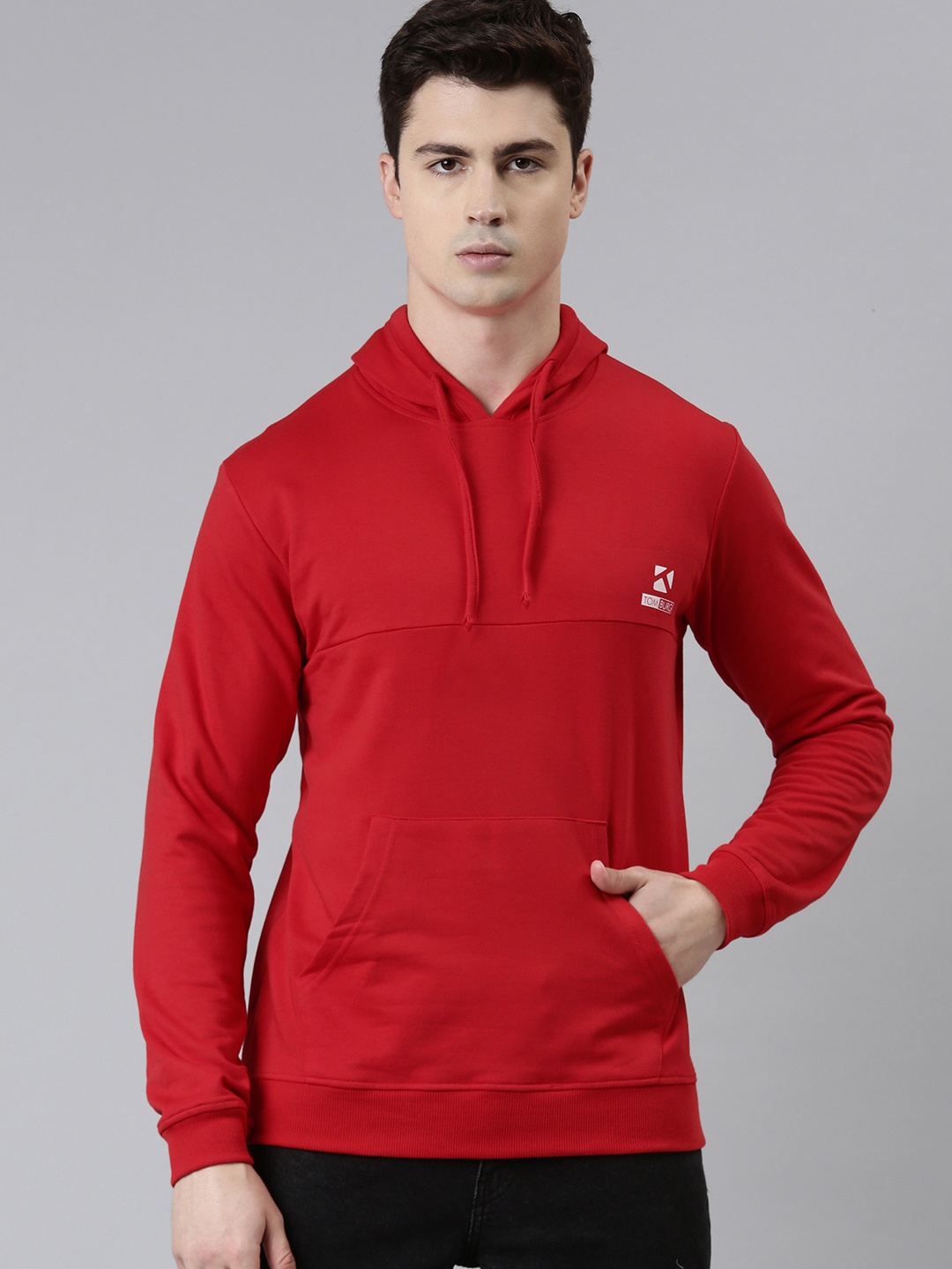 

TOM BURG Men Red Hooded Fleece Sweatshirt