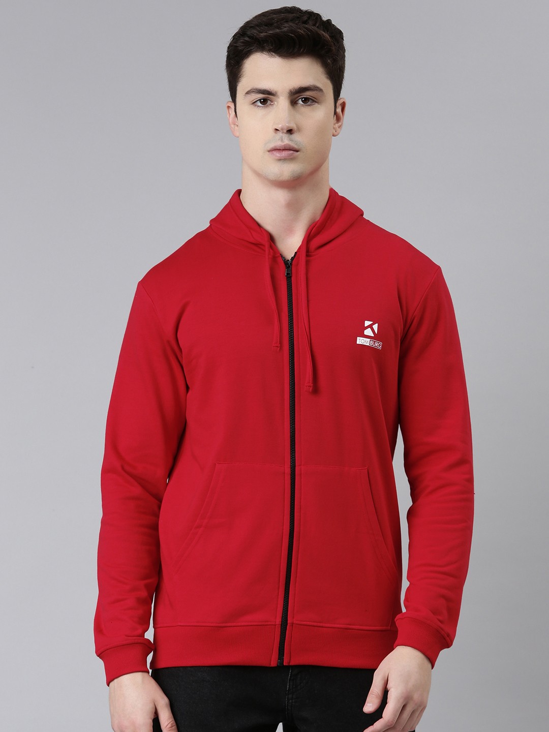 

TOM BURG Men Red Hooded Fleece Sweatshirt
