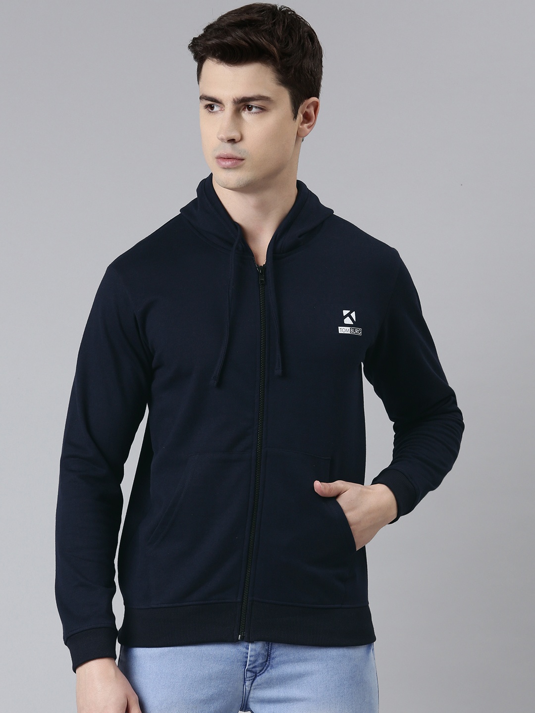 

TOM BURG Men Navy Blue Hooded Fleece Sweatshirt