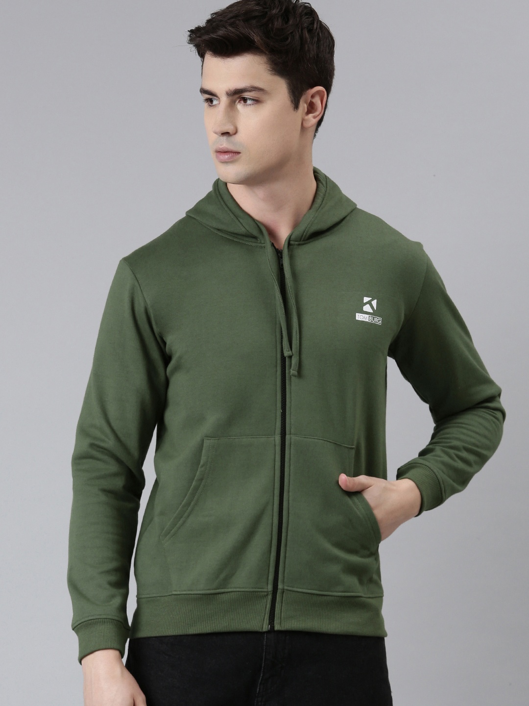 

TOM BURG Men Olive Green Hooded Fleece Sweatshirt