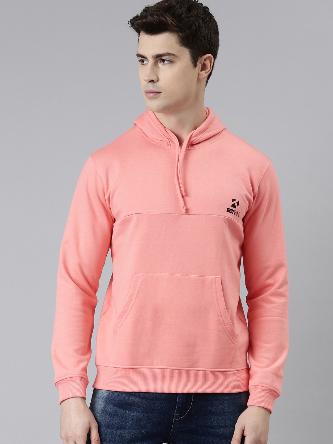 

TOM BURG Men Pink Hooded Fleece Sweatshirt