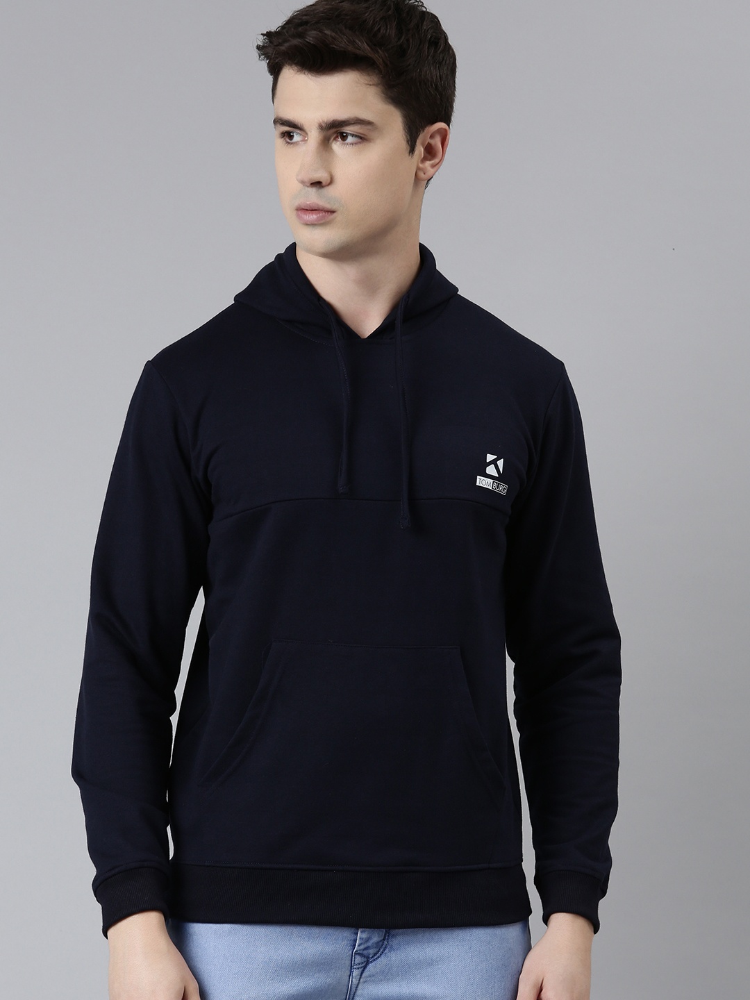 

TOM BURG Men Navy Blue Hooded Fleece Sweatshirt