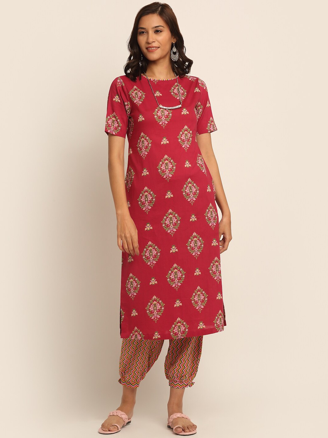 

EK BY EKTA KAPOOR Women Fuchsia Pink Floral Print Indie Prints Cotton Straight Kurta
