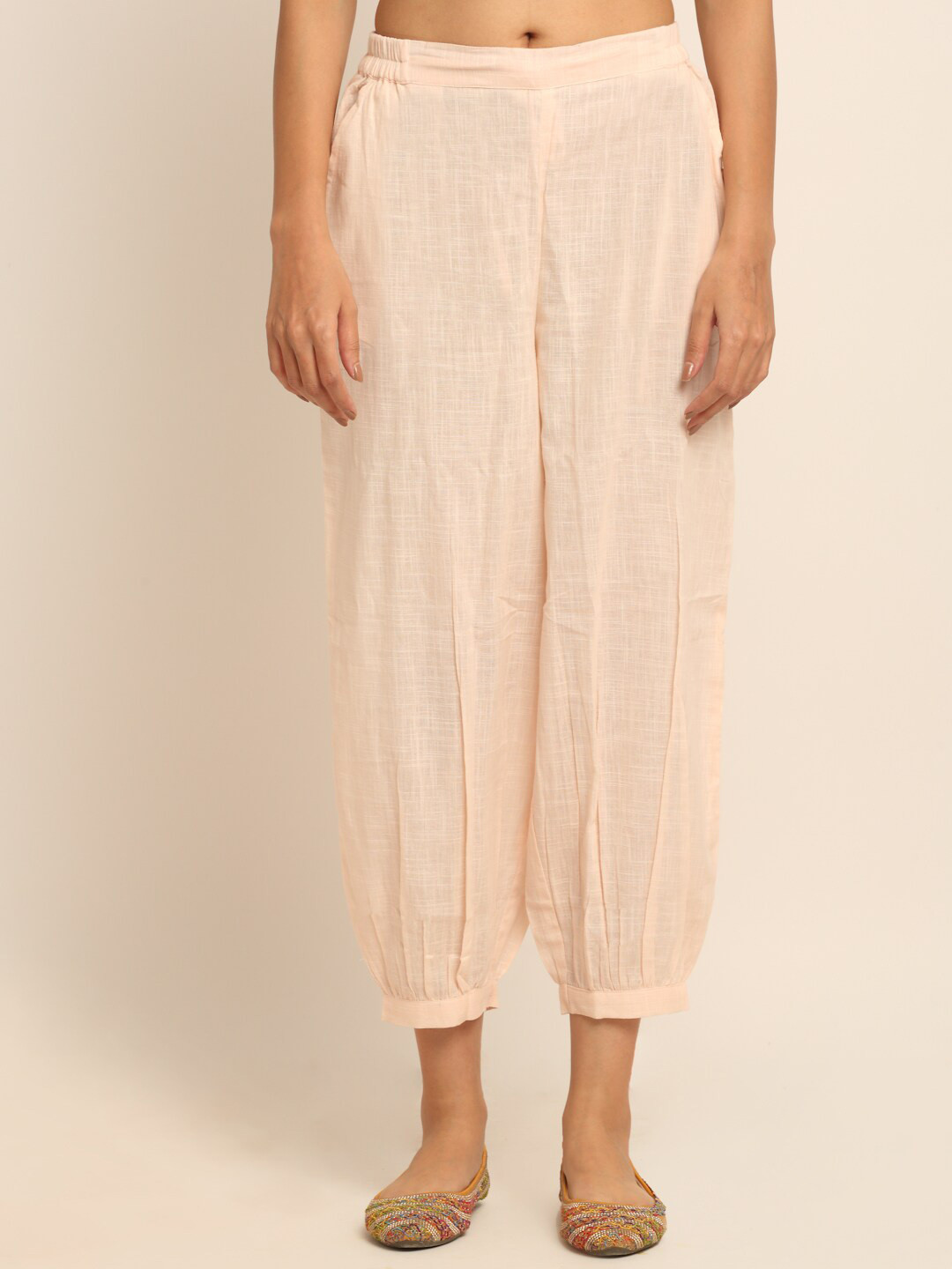 

EK BY EKTA KAPOOR Women Light Peach Pink Smart Loose Fit Cotton Dhoti Style Trousers, Beige