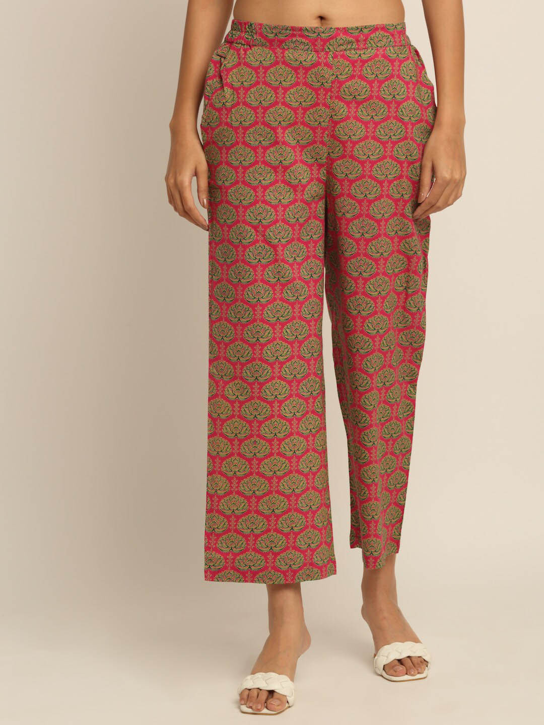 

EK BY EKTA KAPOOR Women Fuchsia Pink Smart Straight Fit Printed Cotton Trousers