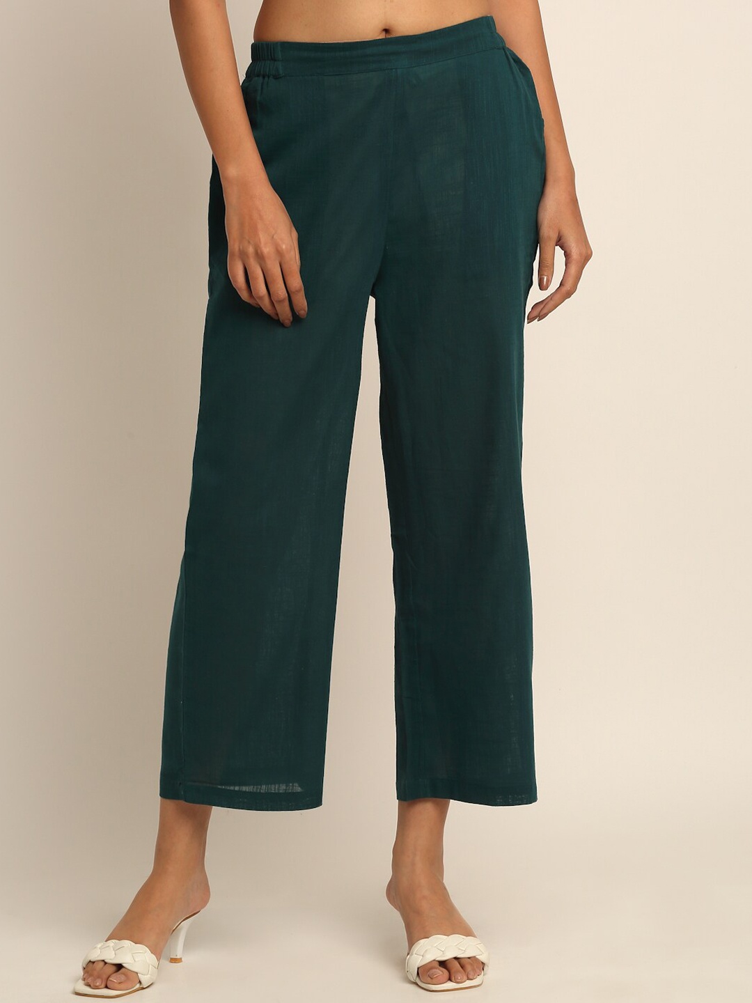 

EK BY EKTA KAPOOR Women Dark Teal Green Straight Fit Slub Cotton Culottes Trousers
