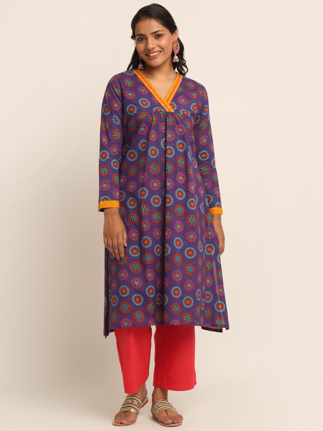 

EK BY EKTA KAPOOR Women Purple & Orange Ethnic Motifs Printed Pure Cotton Kurta