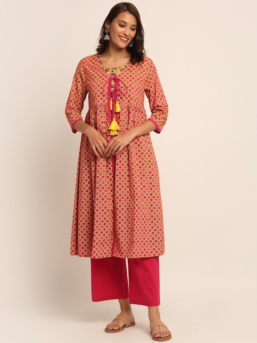 

EK BY EKTA KAPOOR Women Yellow & Pink Floral Cotton Layered Kurta With Contrast Jacket