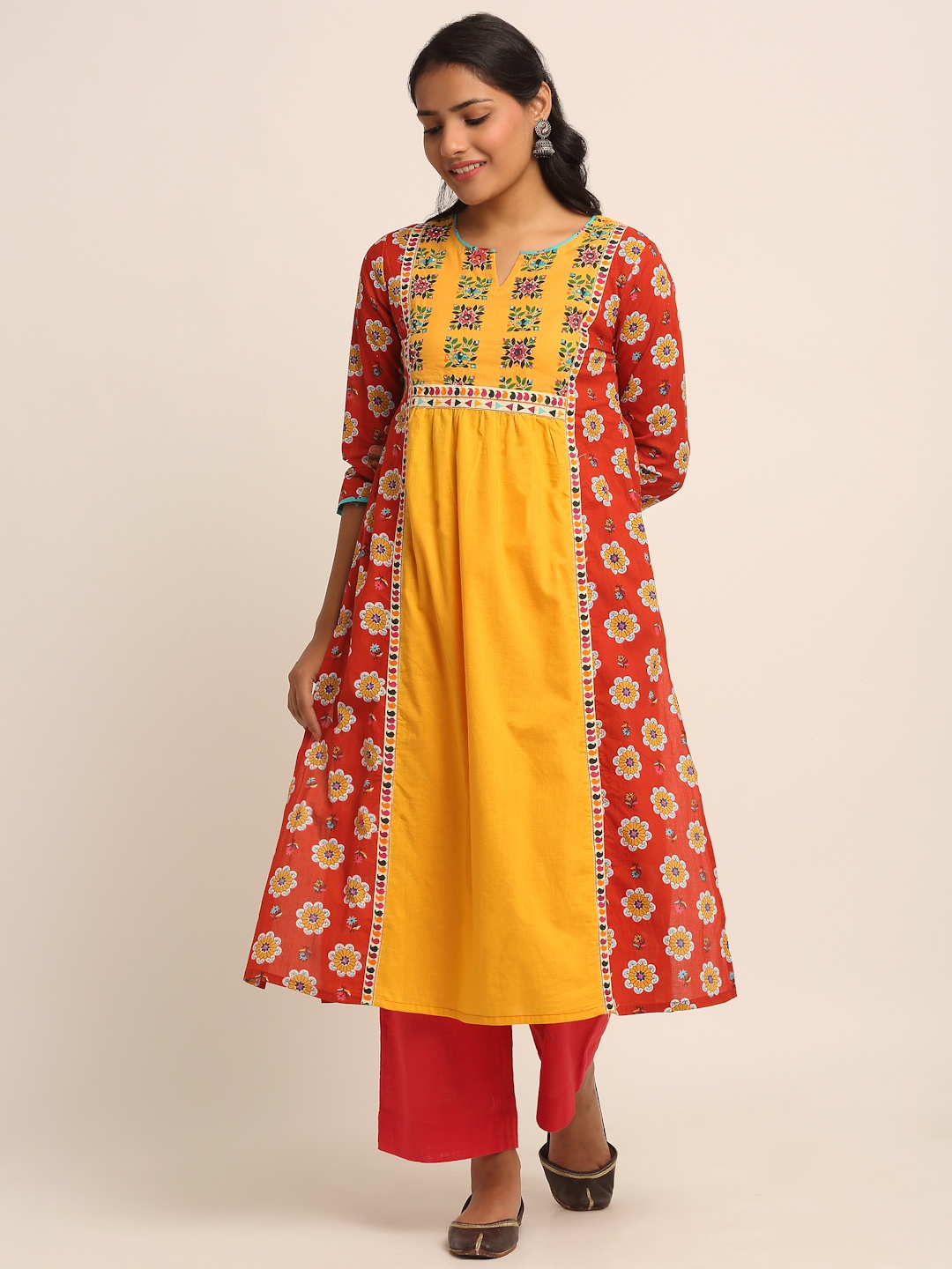 

EK BY EKTA KAPOOR Women Yellow & Red Floral Printed Kurta