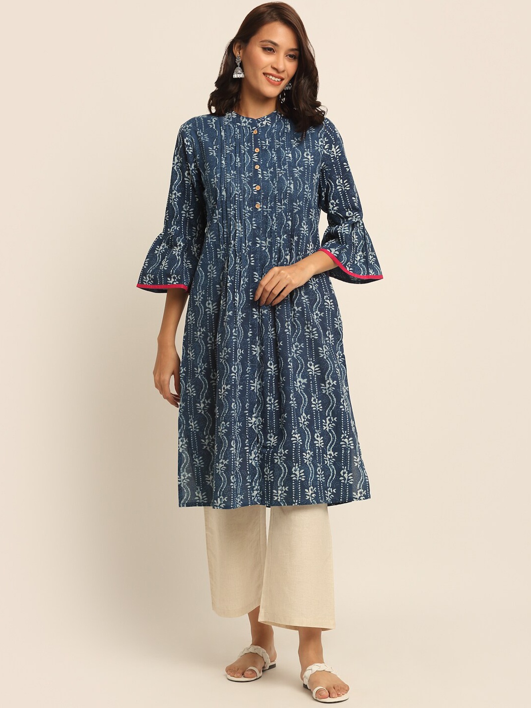 

EK BY EKTA KAPOOR Women Blue Block Printed Cotton Bell Sleeves A-Line Kurta with Pintucks