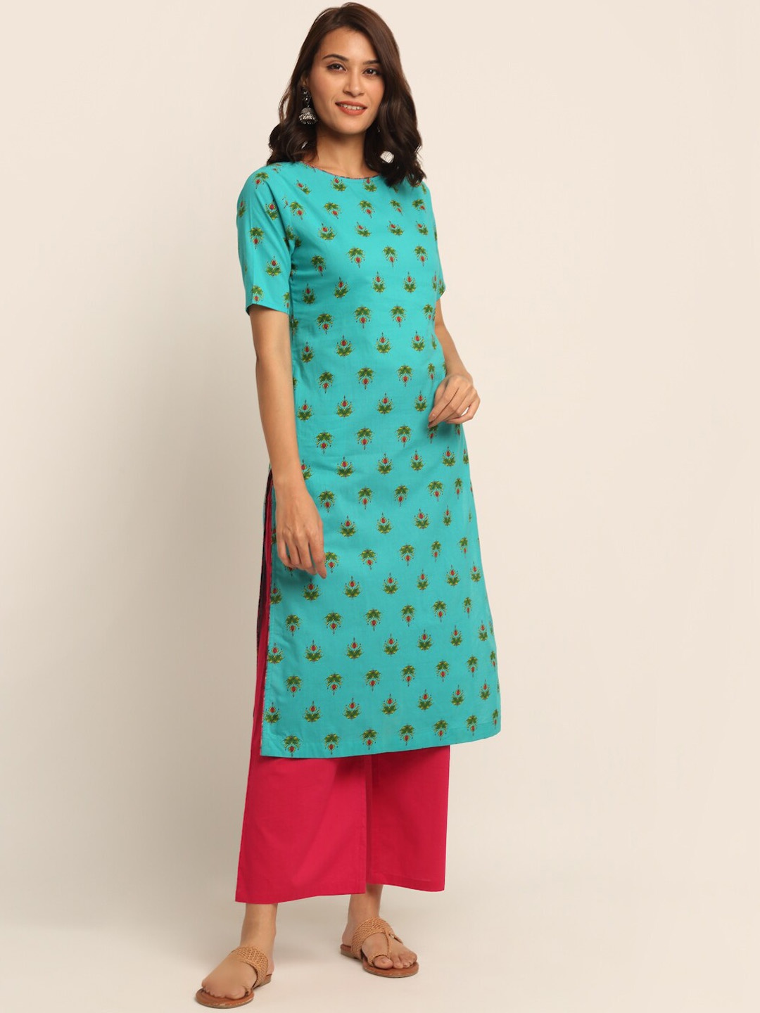 

EK BY EKTA KAPOOR Women Turquoise Blue & Green Floral Printed Cotton Boat Neck Kurta