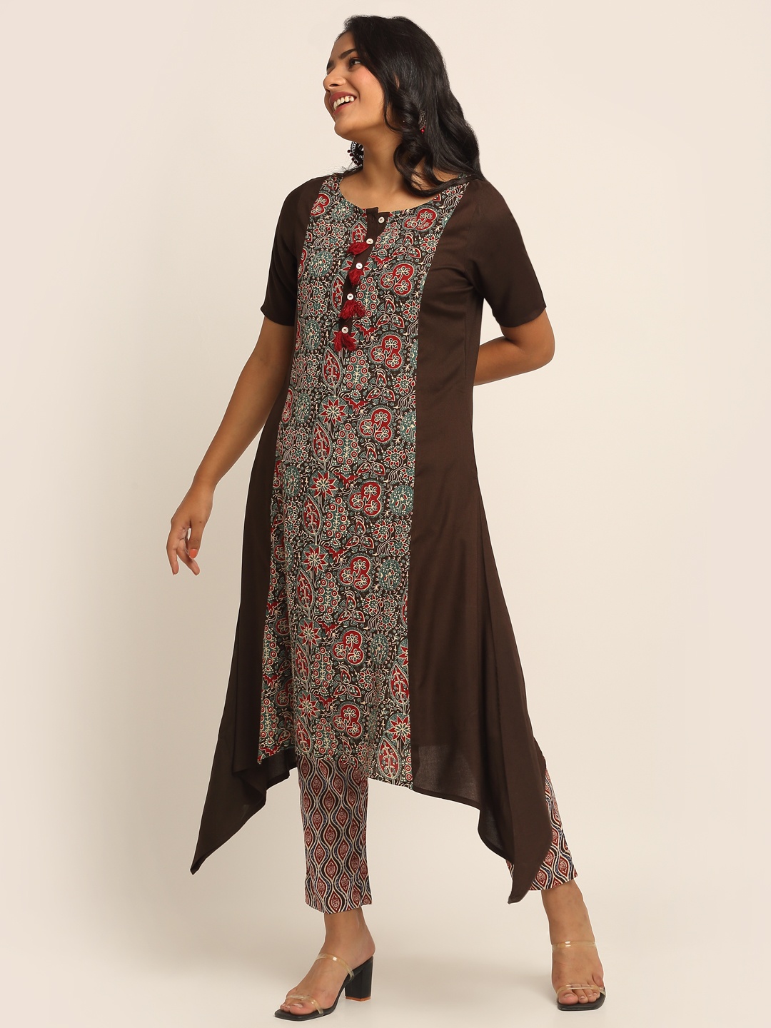 

EK BY EKTA KAPOOR Women Brown Ethnic Motifs Printed Handkerchief Style Kurta