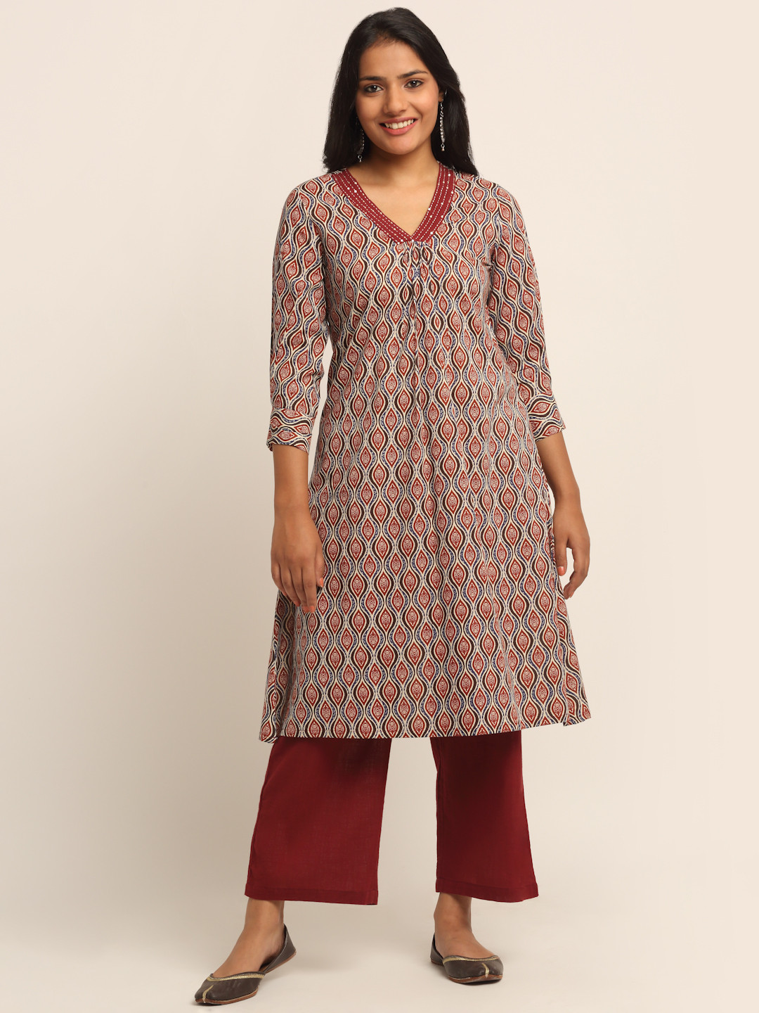 

EK BY EKTA KAPOOR Women Beige & Maroon Cotton A-Line Printed Kurta