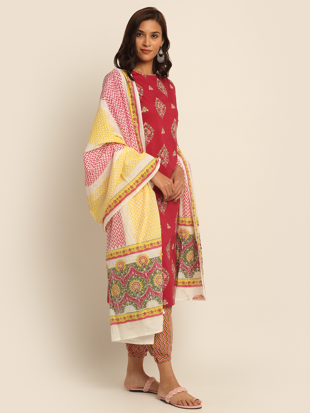 

EK BY EKTA KAPOOR White & Yellow Hand Block Printed & Striped Pure Cotton Dupatta