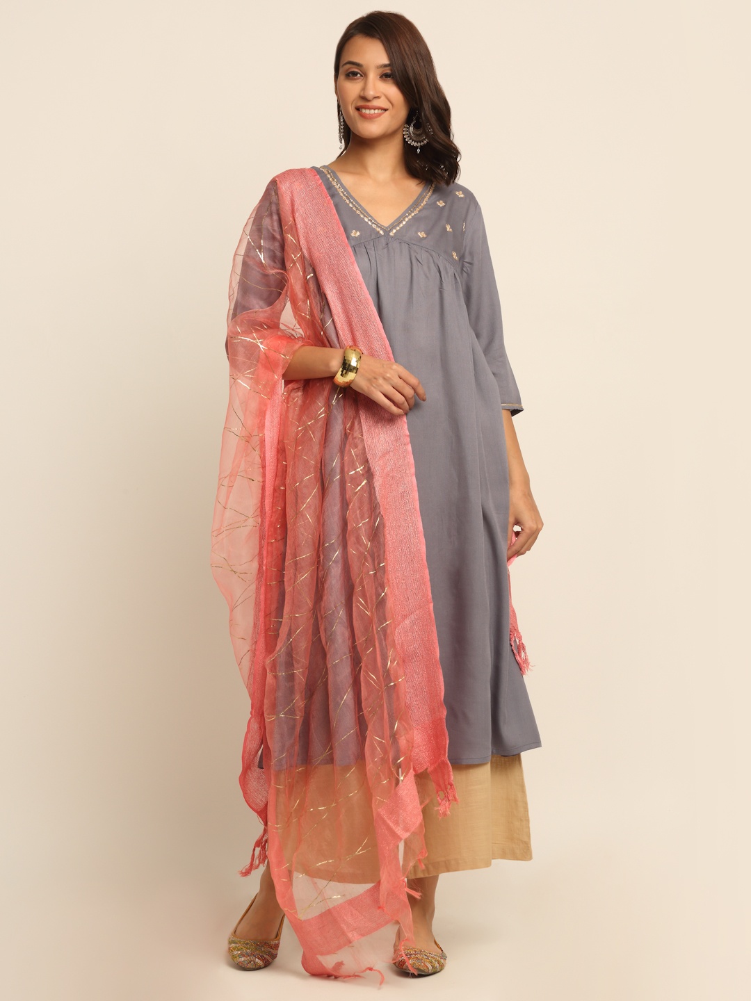 

EK BY EKTA KAPOOR Coral Pink & Gold-Toned Striped Festive Dupatta