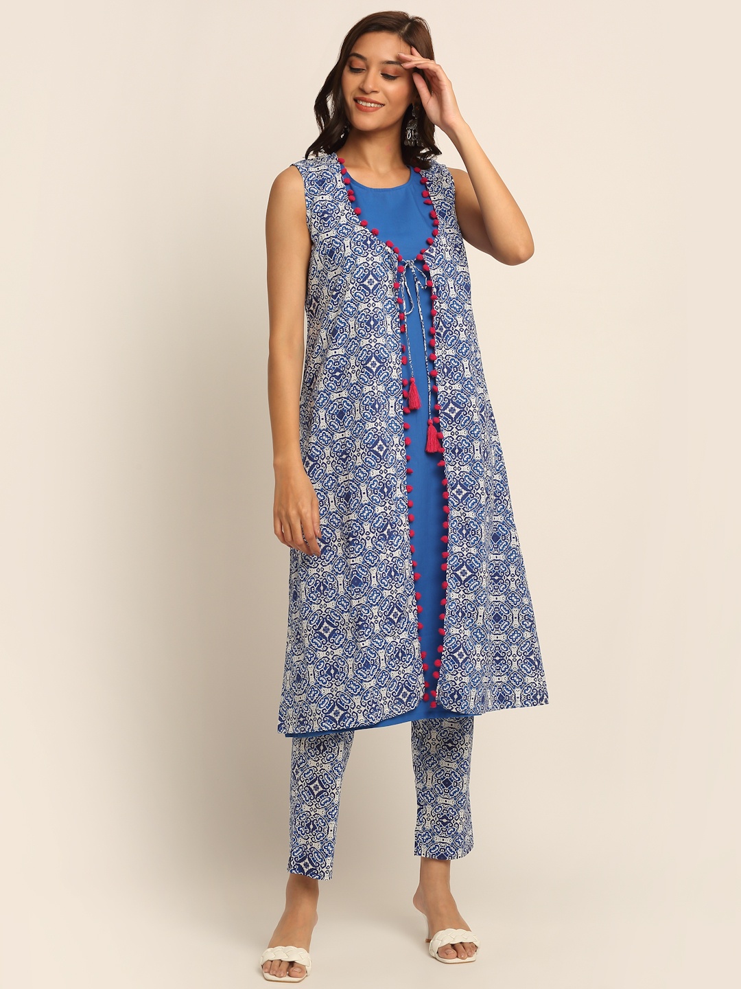 

EK BY EKTA KAPOOR Women Blue Ethnic Motifs Print Cotton Layered Kurta With Pom-Pom Jacket