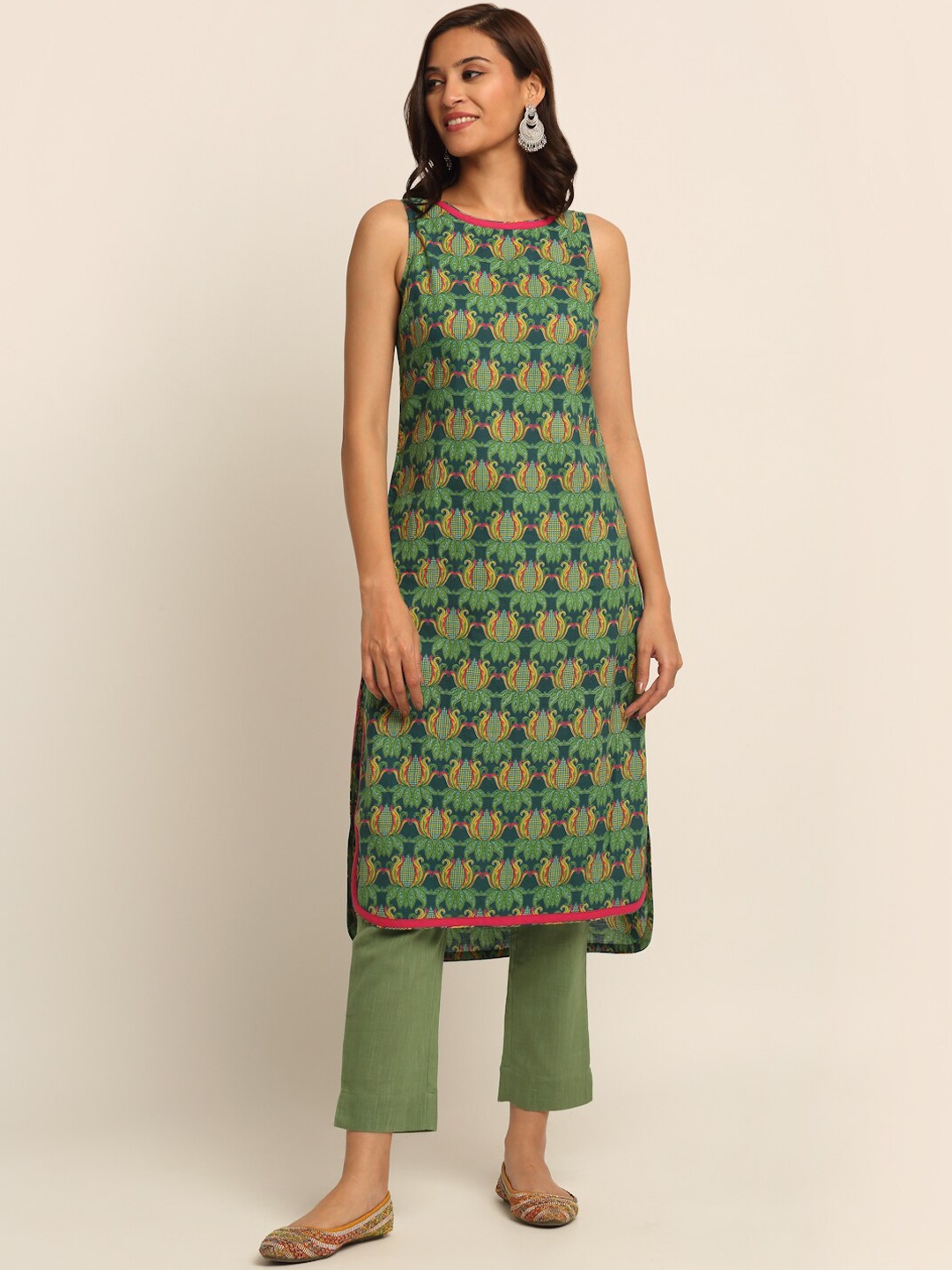 

EK BY EKTA KAPOOR Women Green Floral Print Cotton Kurta With Contrast Detail