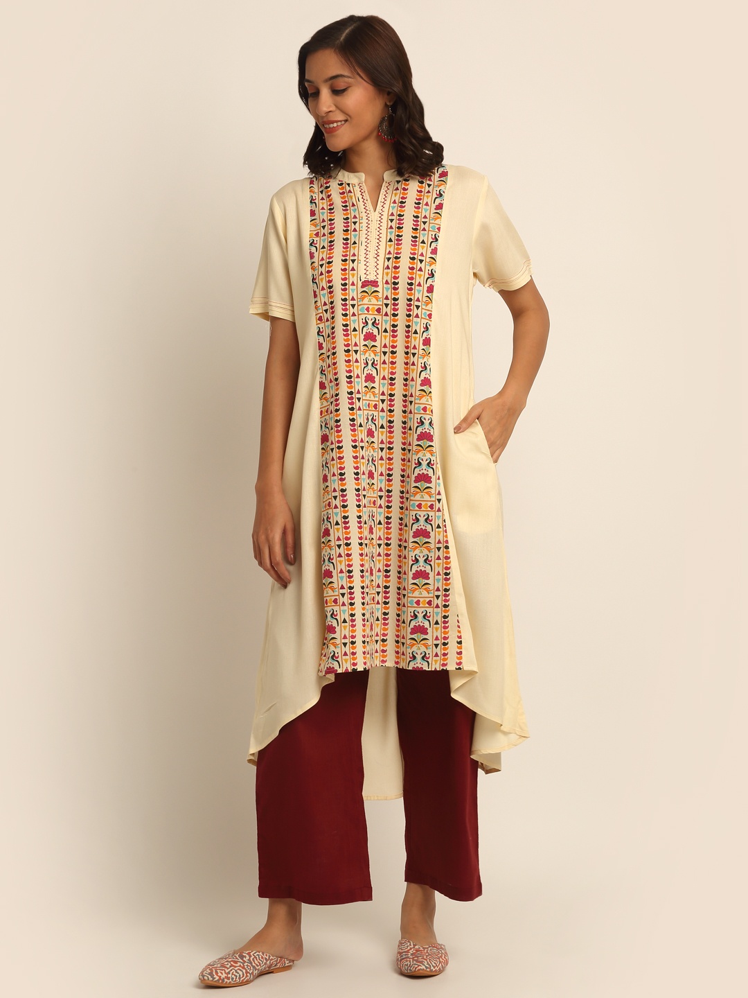 

EK BY EKTA KAPOOR Women Beige Printed Cotton Front Panel Kurta With High-Low Hem