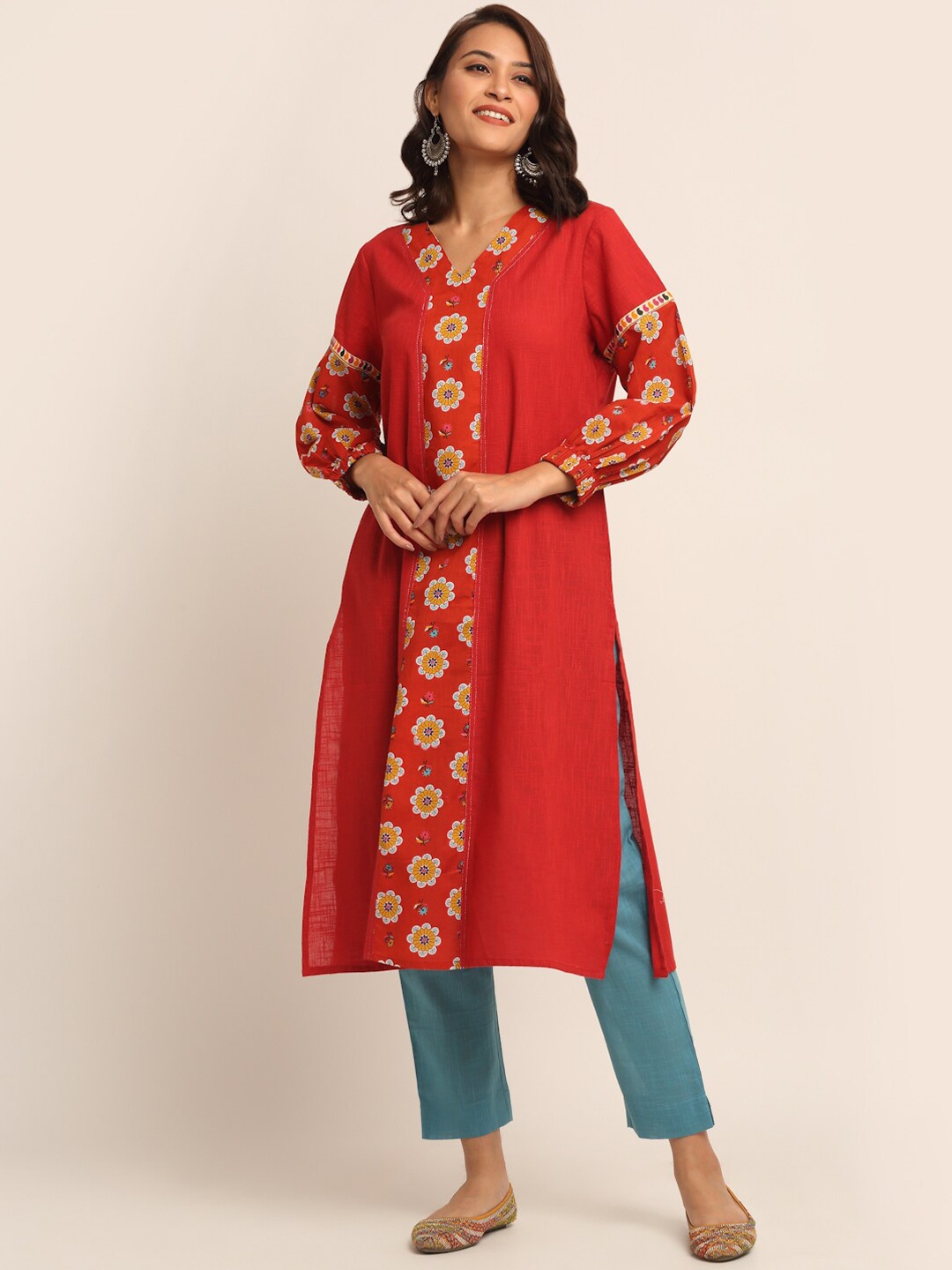 

EK BY EKTA KAPOOR Women Rust Orange Cotton Floral Front Placket Bishop Sleeves Kurta