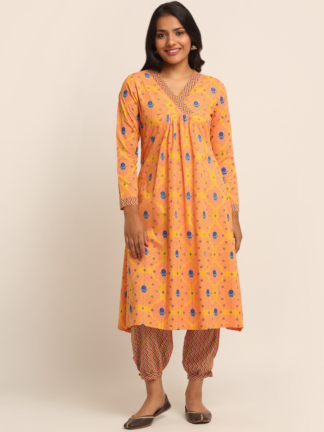 

EK BY EKTA KAPOOR Women Yellow & Pink Ethnic Motifs Printed A-Line Kurta