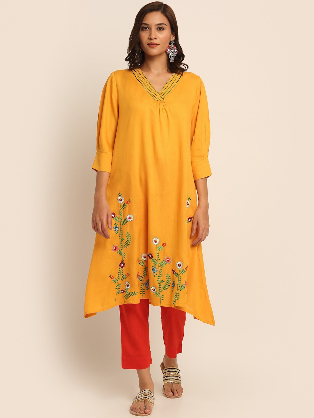 

EK BY EKTA KAPOOR Women Yellow Rayon Floral Embroidered V-Neck A-Line Kurta