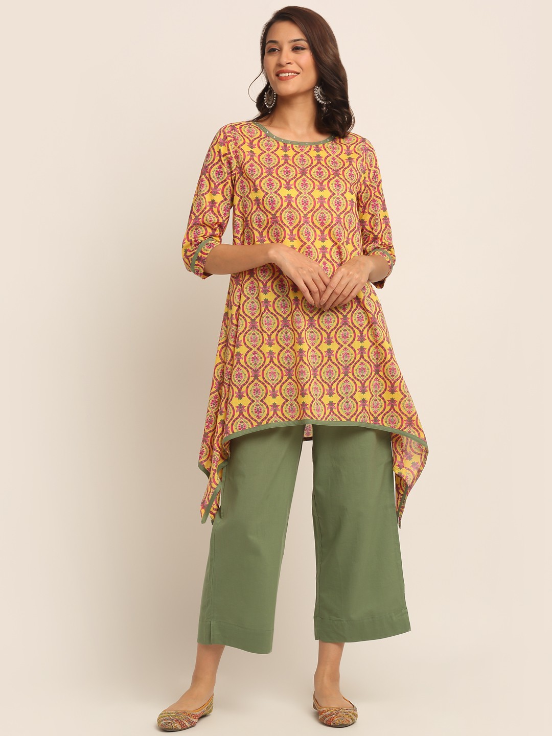 

EK BY EKTA KAPOOR Women Yellow Printed Handkerchief Short Pure Cotton Kurta with Trousers
