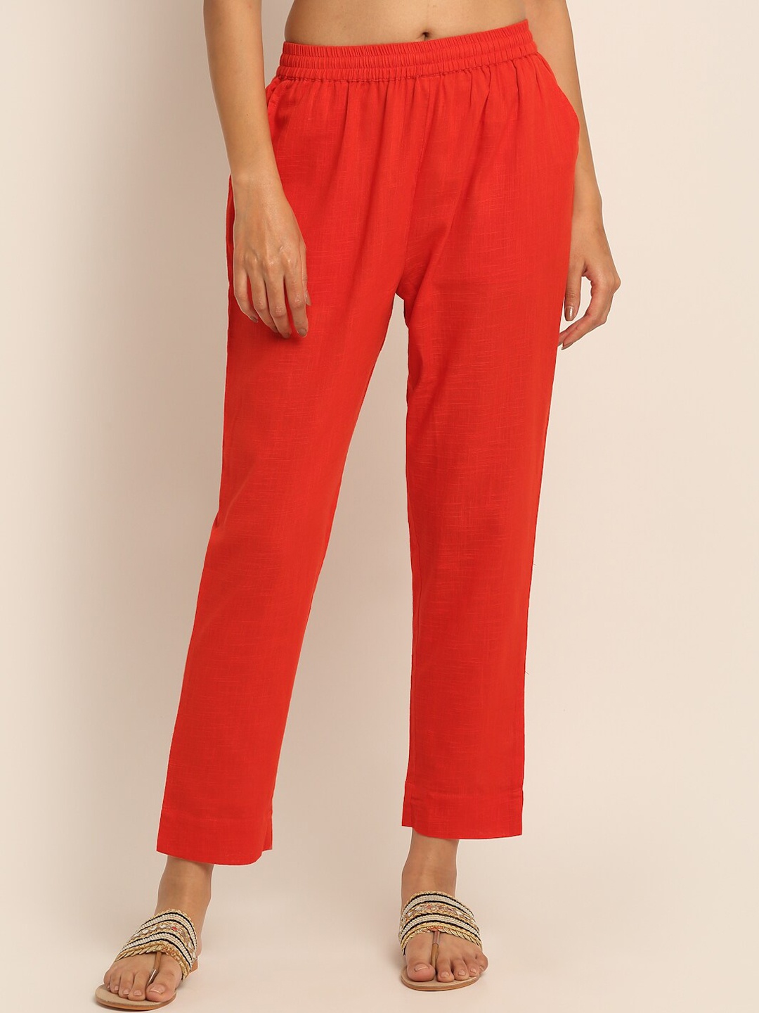 

EK BY EKTA KAPOOR Women Rust Solid Tapered Fit Slub Pure Cotton Cigarette Trousers