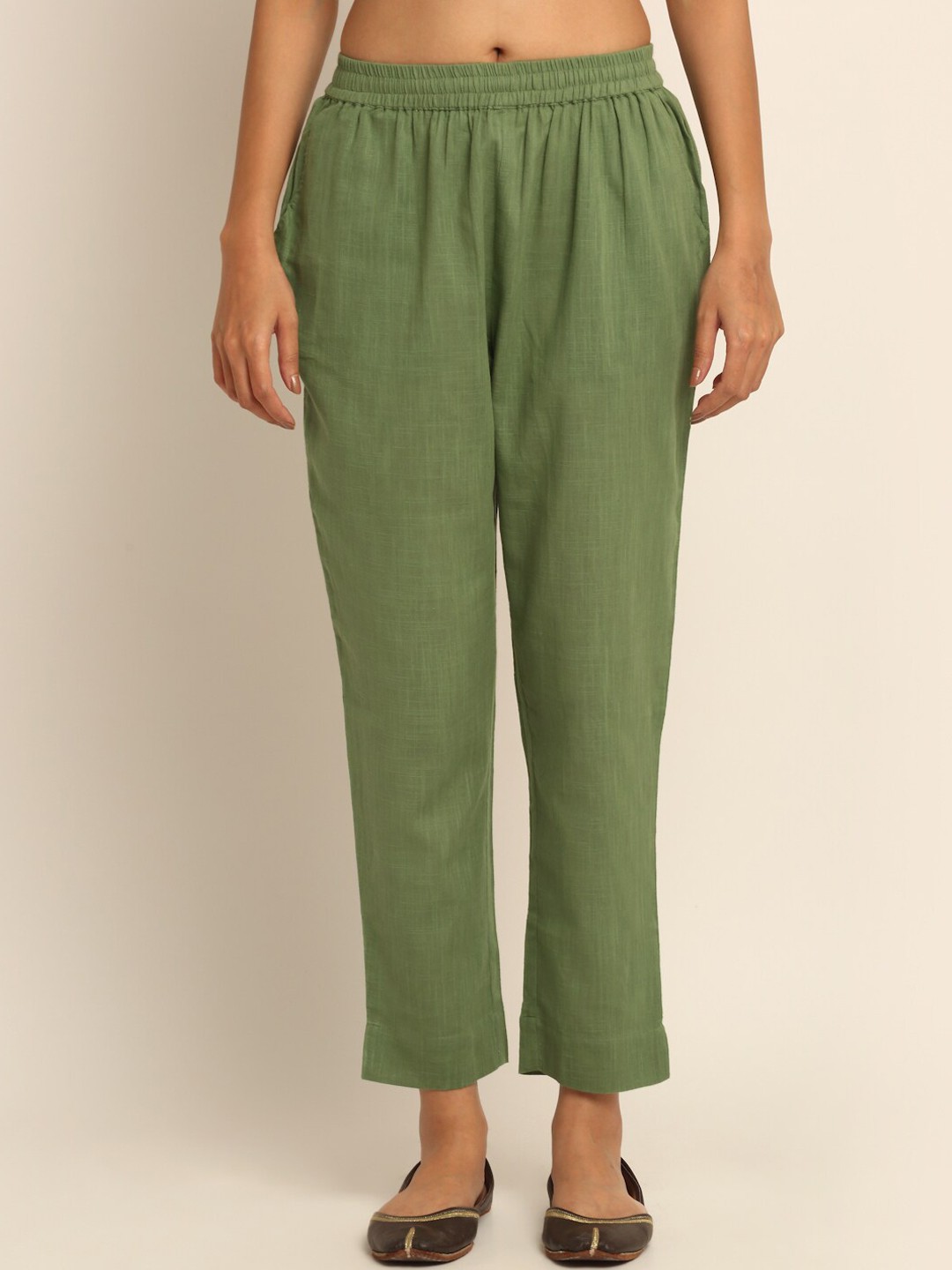 

EK BY EKTA KAPOOR Women Green Solid Smart Tapered Fit Slub Cotton Trousers