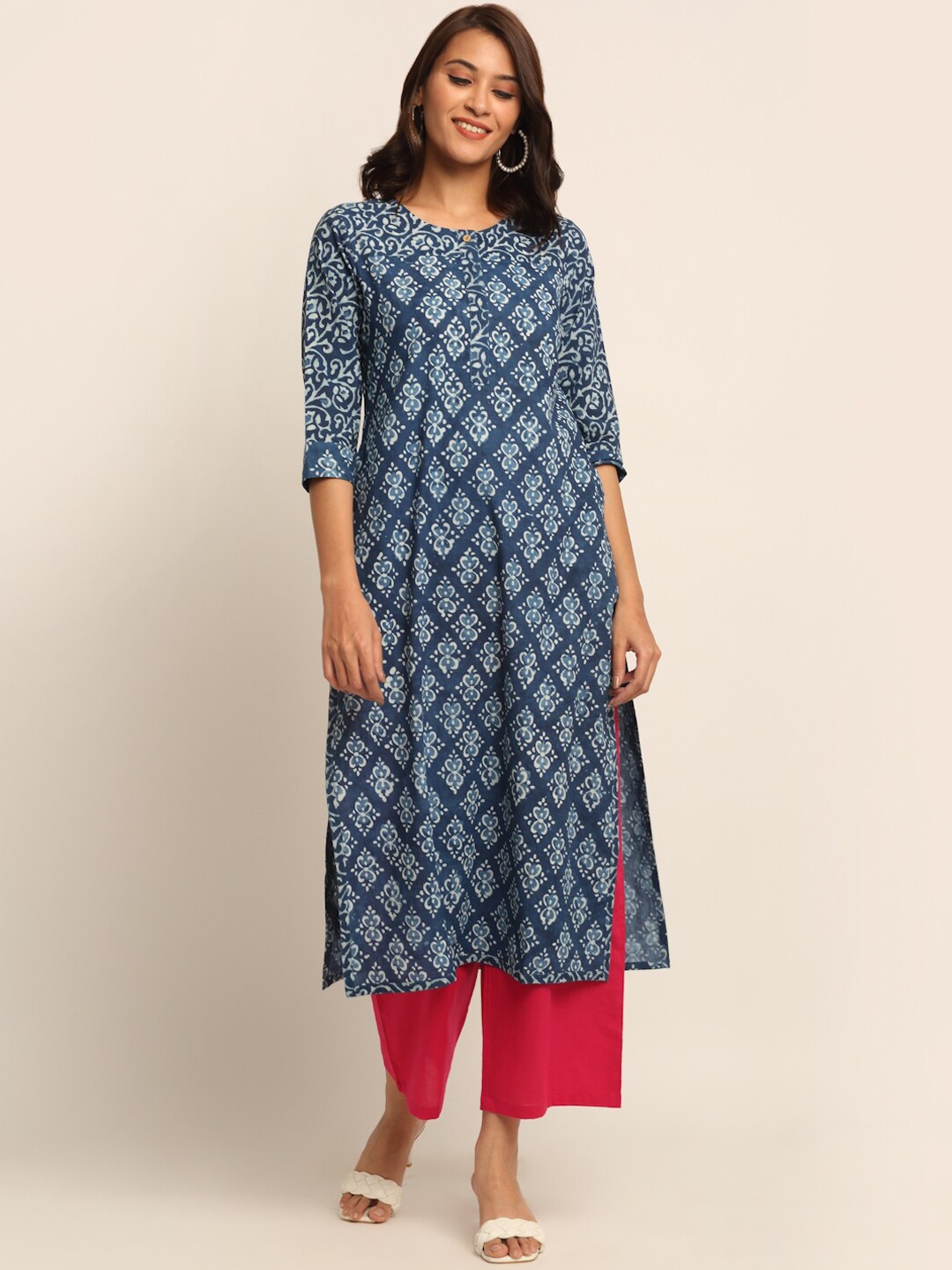 

EK BY EKTA KAPOOR Women Blue Ethnic Motifs Block Printed Indigo High Low Cotton Kurta