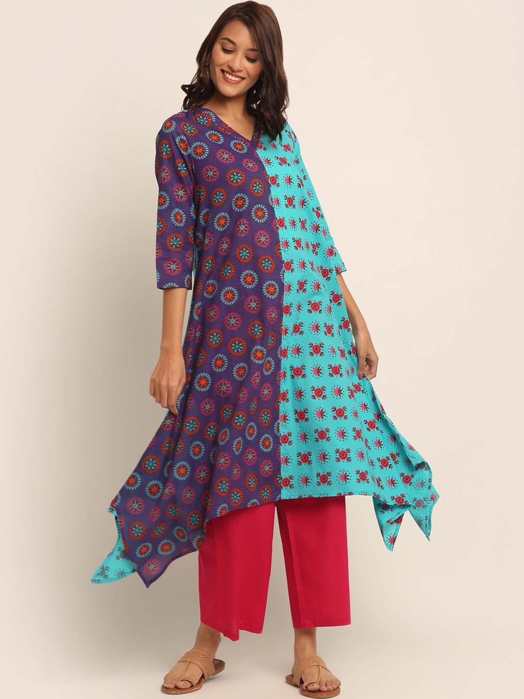 

EK BY EKTA KAPOOR Women Blue & Purple Cotton Colourblocked A-Line Handkerchief Kurta