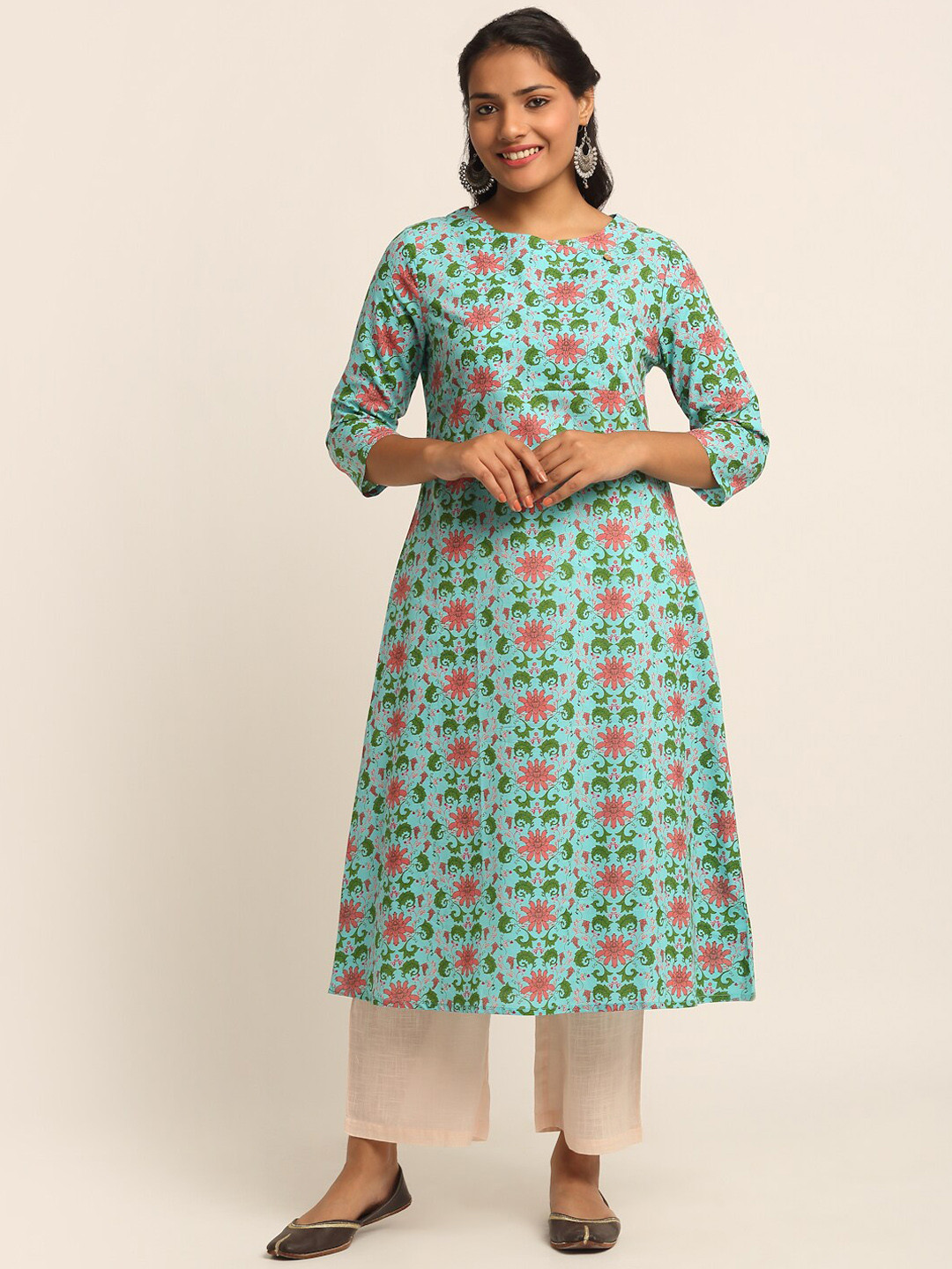 

EK BY EKTA KAPOOR Women Turquoise Blue & Red Floral Printed Cotton Straight Fit Kurta