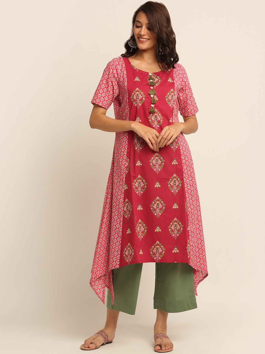 

EK BY EKTA KAPOOR Women Fuchsia Printed A-Line Cotton Handkerchief Hem Kurta