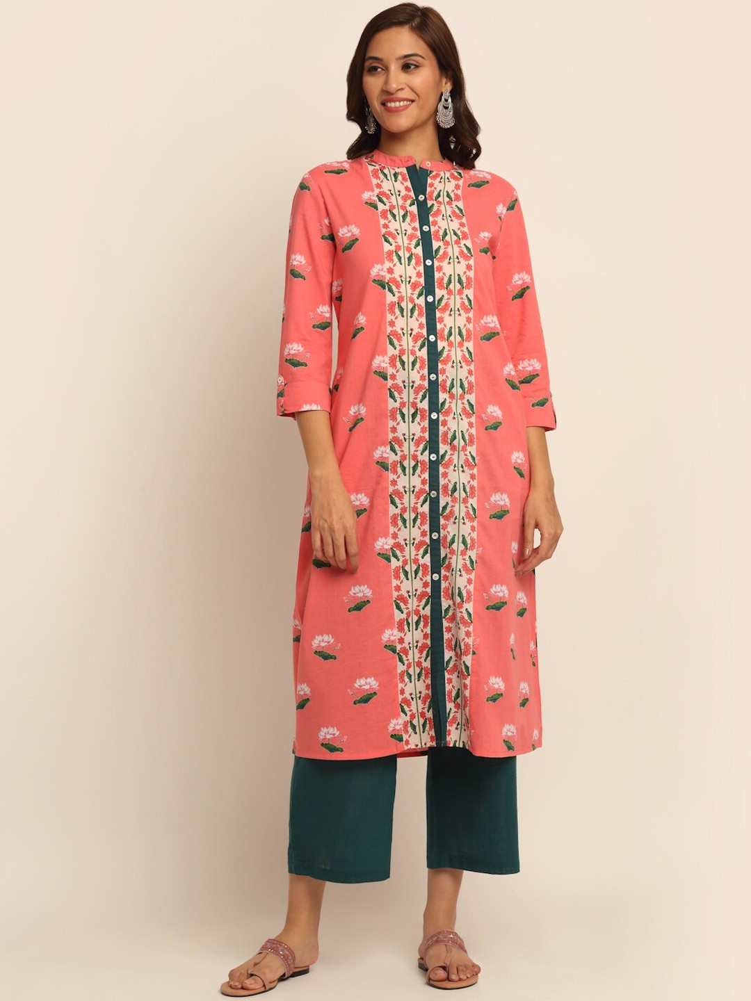 

EK BY EKTA KAPOOR Women Coral Pink Floral Printed Roll Up Sleeve Pure Cotton Kurta