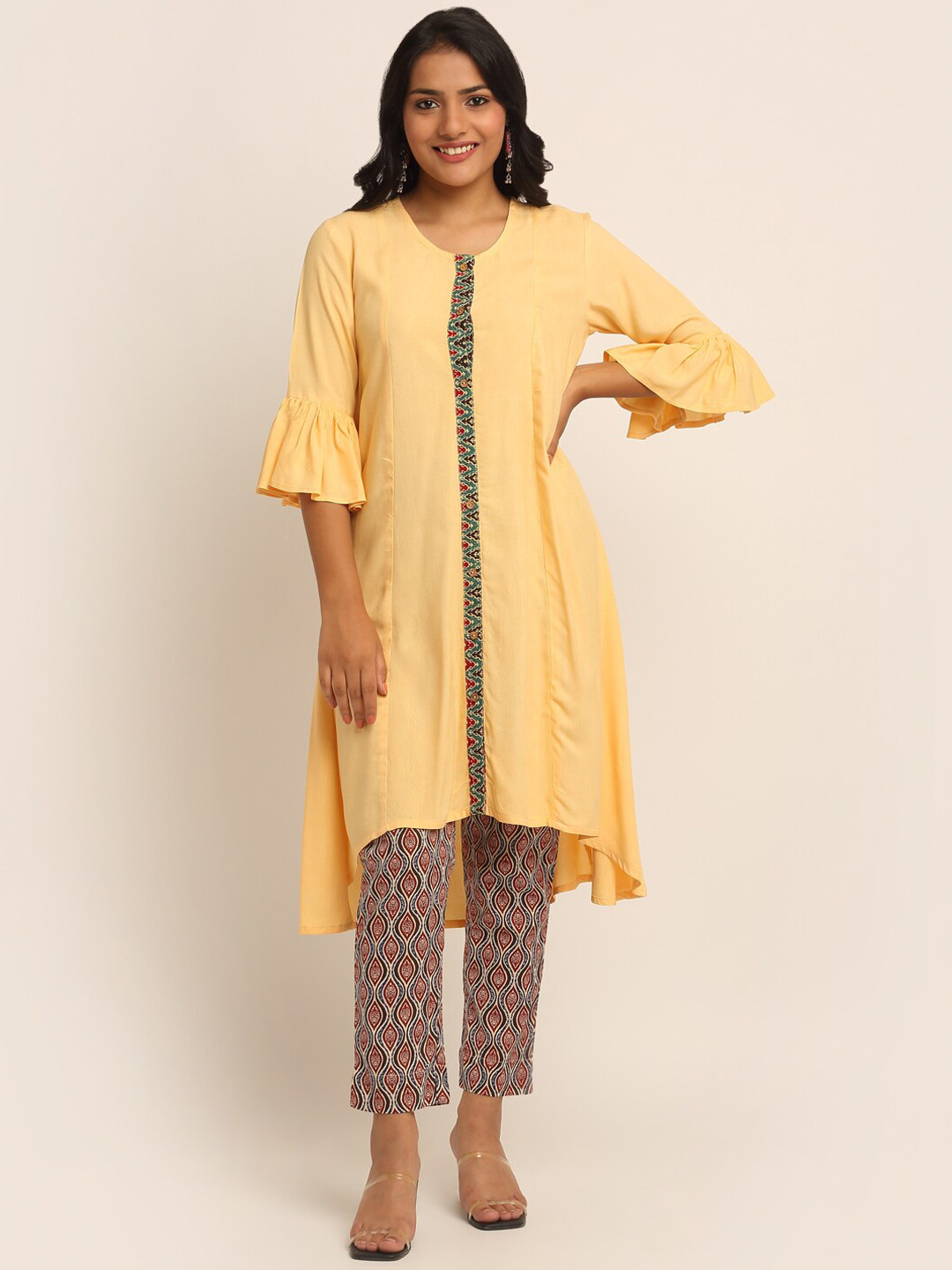 

EK BY EKTA KAPOOR Women Beige Solid Bell Sleeves High-Low Hemline Kurta