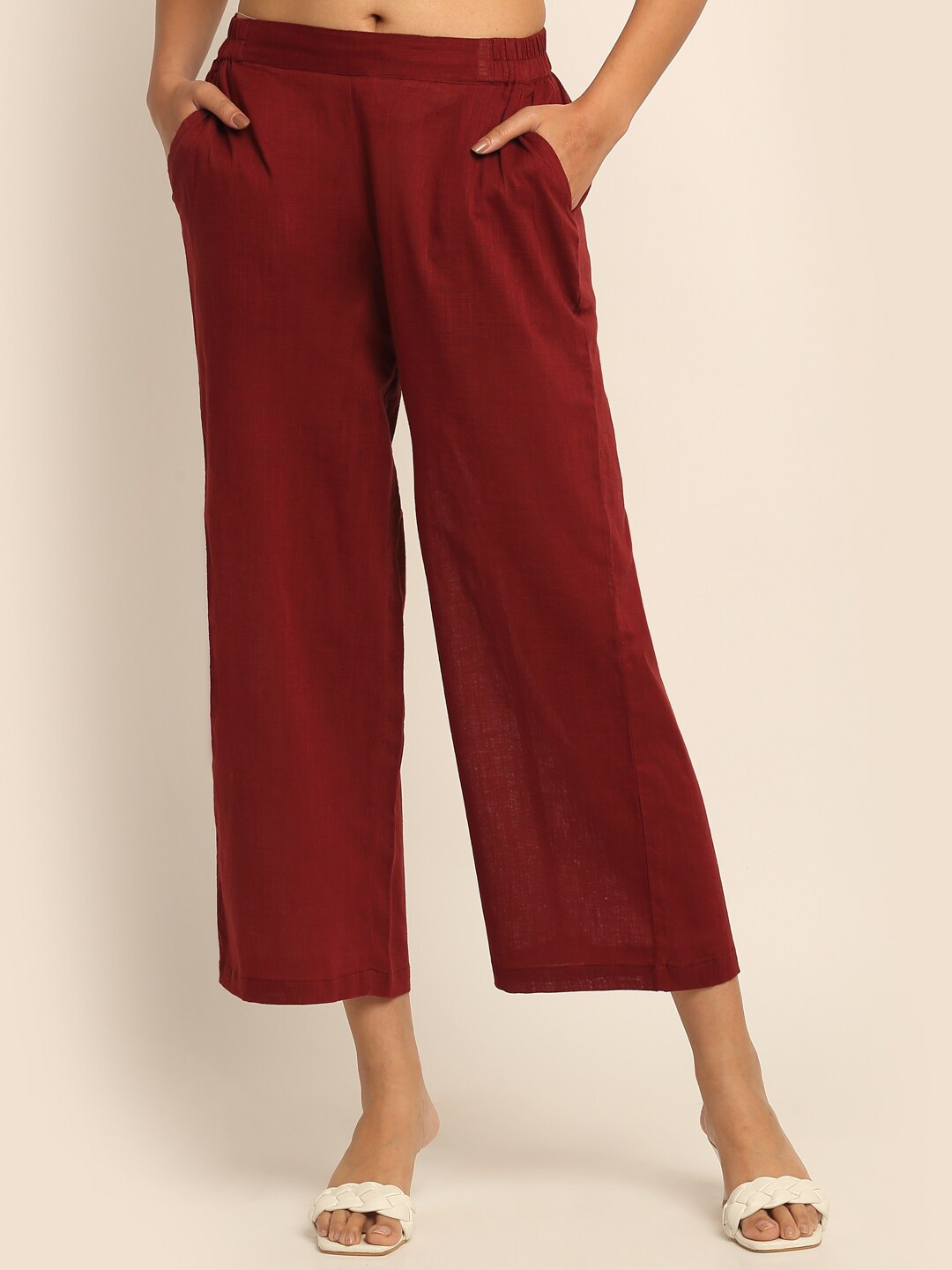 

EK BY EKTA KAPOOR Women Maroon Smart Straight Fit Slub Cotton Culottes Trousers
