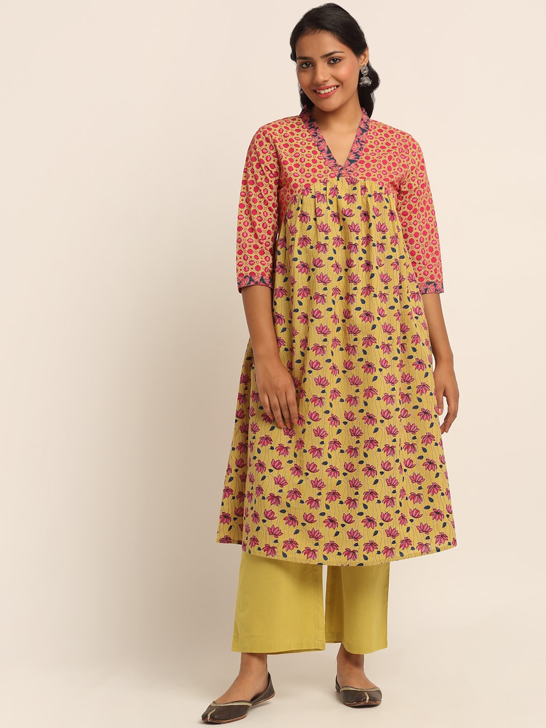 

EK BY EKTA KAPOOR Women Yellow & Pink Floral Printed Cotton Kurta with Trousers