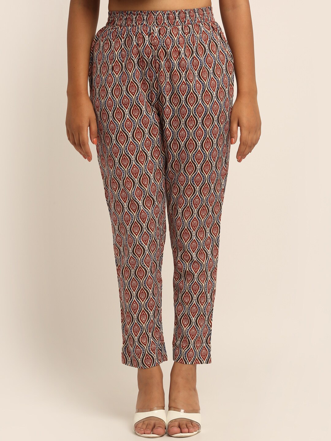 

EK BY EKTA KAPOOR Women Red & Cream-Coloured Printed Smart Tapered Fit Cotton Trousers