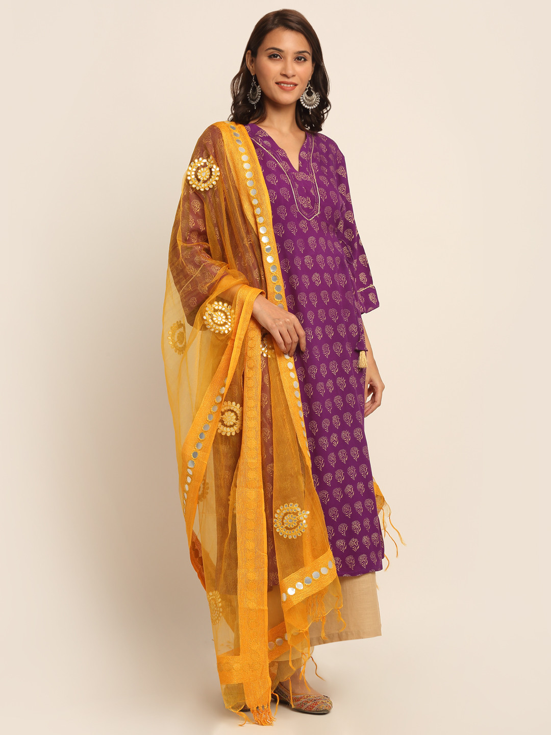 

EK BY EKTA KAPOOR Mustard Yellow Mirror Work Festive Dupatta