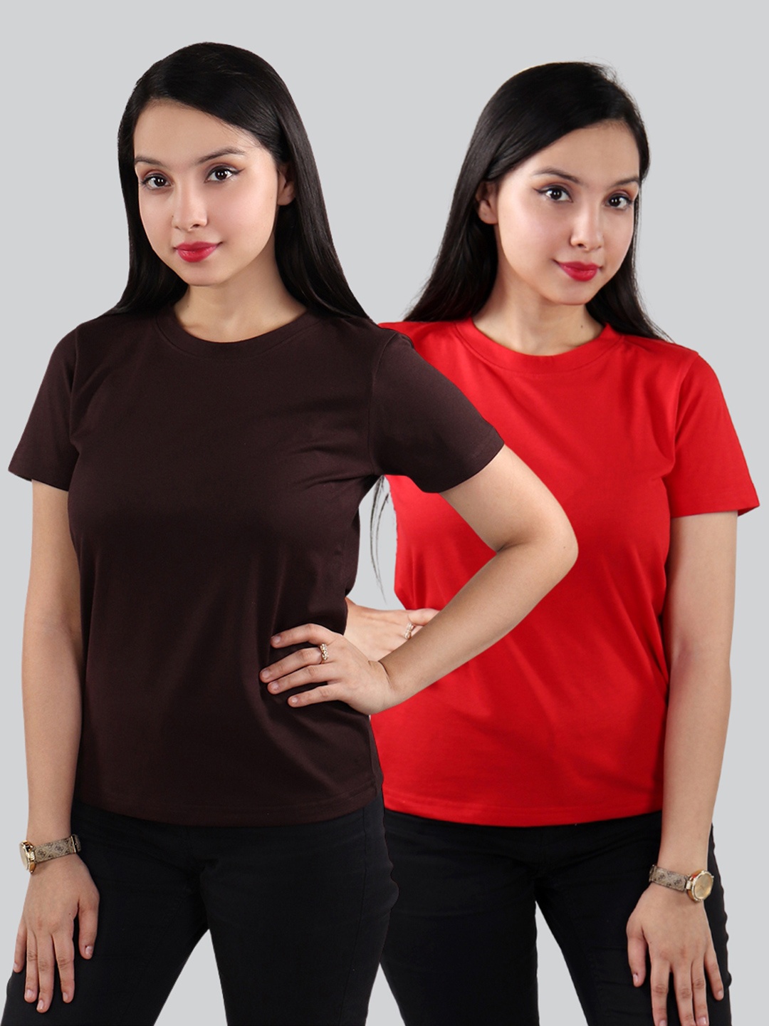 

The Label Bar Women Brown & Red Pack of 2 Cotton T-shirts