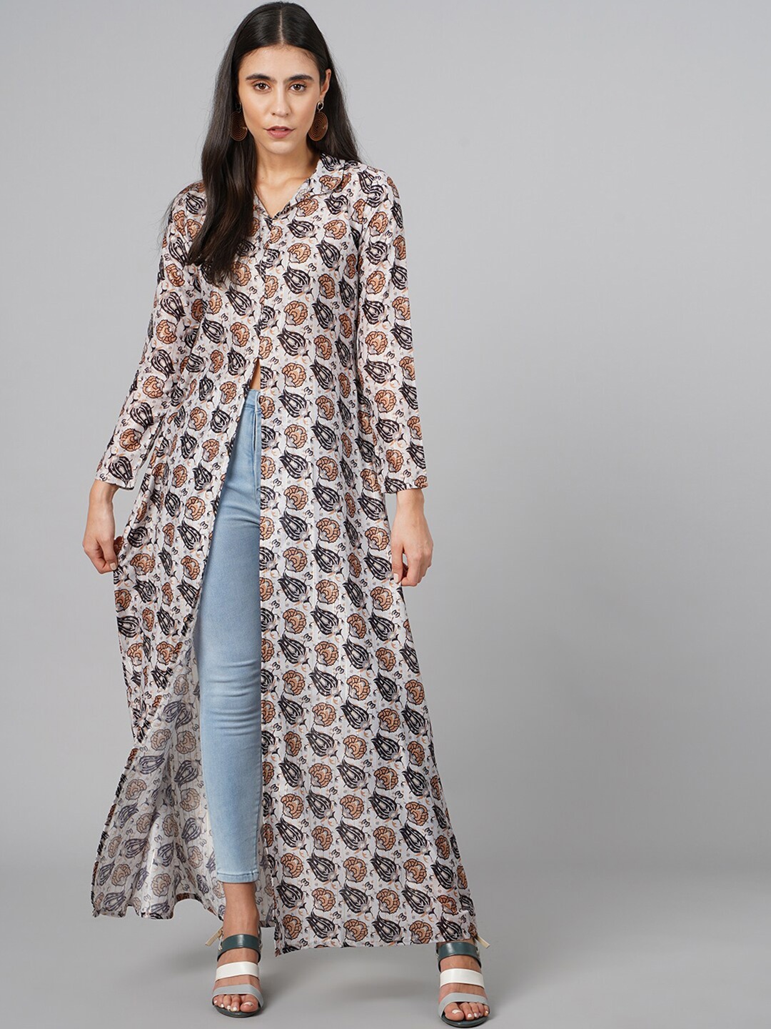 

SCORPIUS Women Off White Print Maxi Longline Top