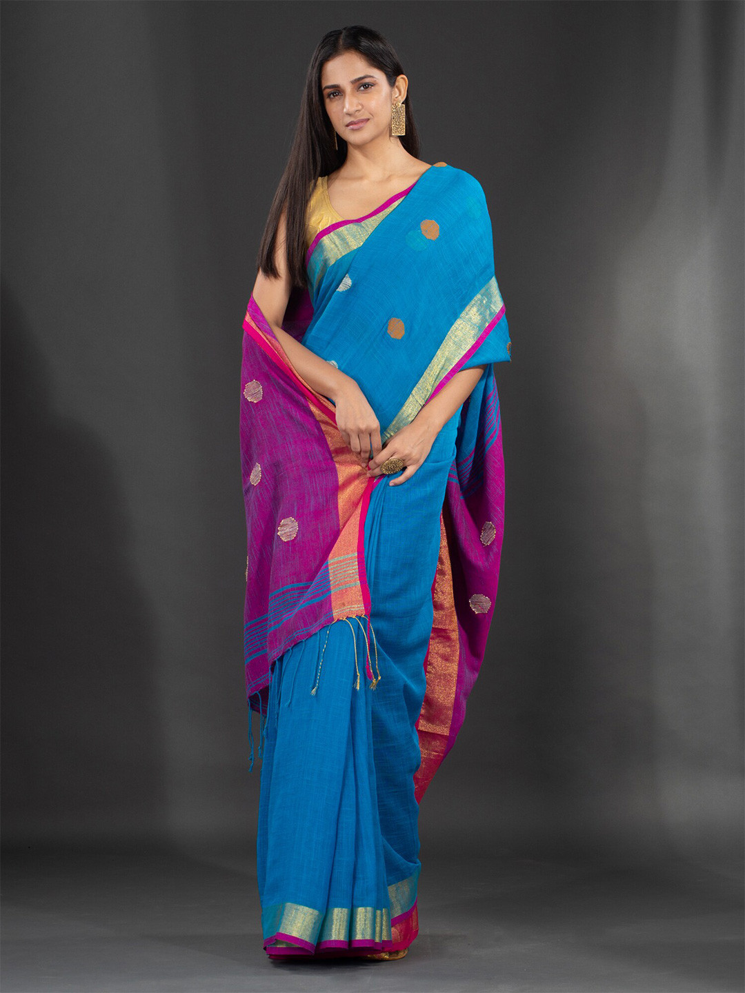 

Charukriti Blue & Pink Woven Design Zari Pure Linen Saree